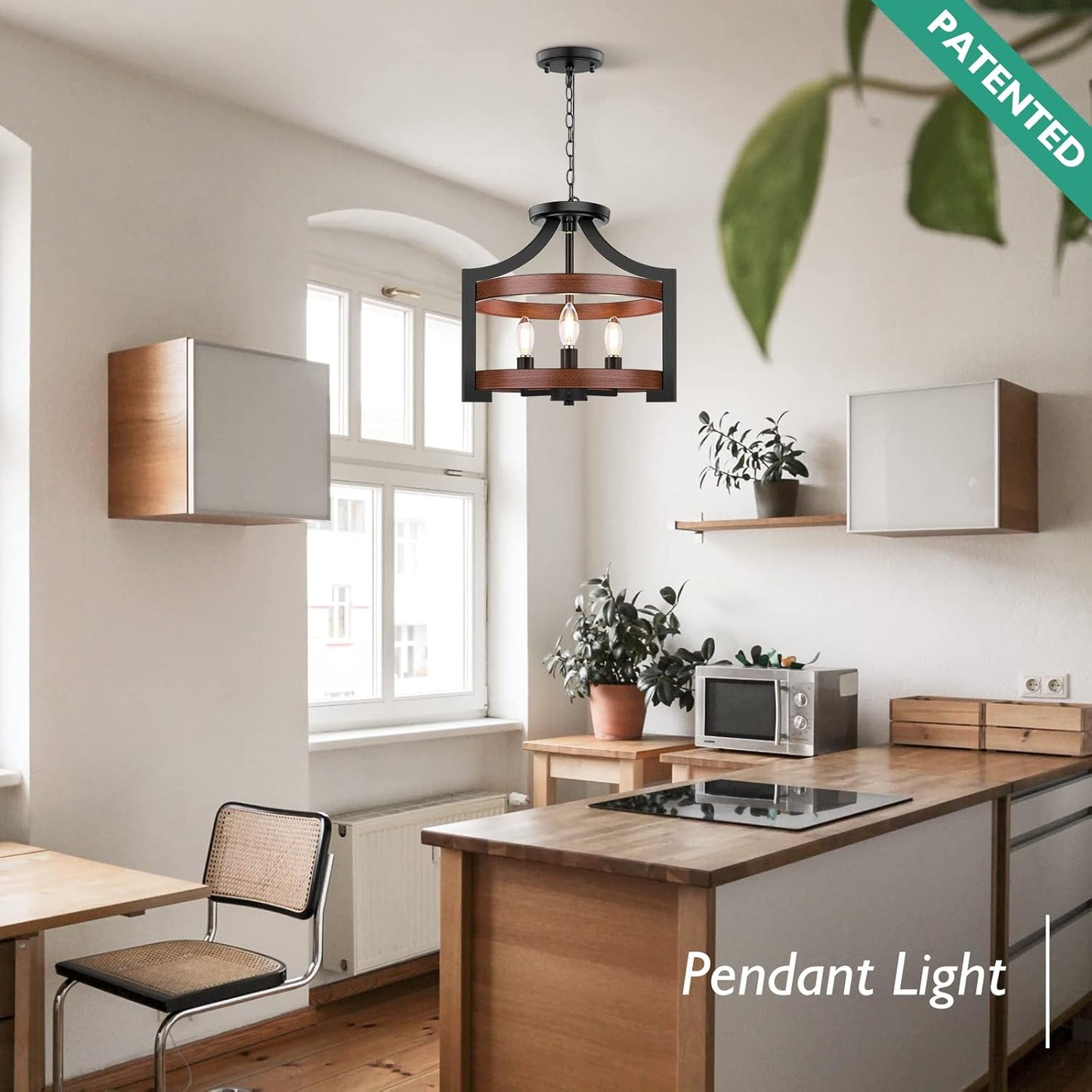 3-Light Farmhouse Chandelier, 14.5” Pendant Hanging Lighting Adjustable Height, Convertible Vintage Semi Flush Mount Ceiling Light Fixture, Rustic Chandeliers for Dining Room Foyer Entryway Kitchen