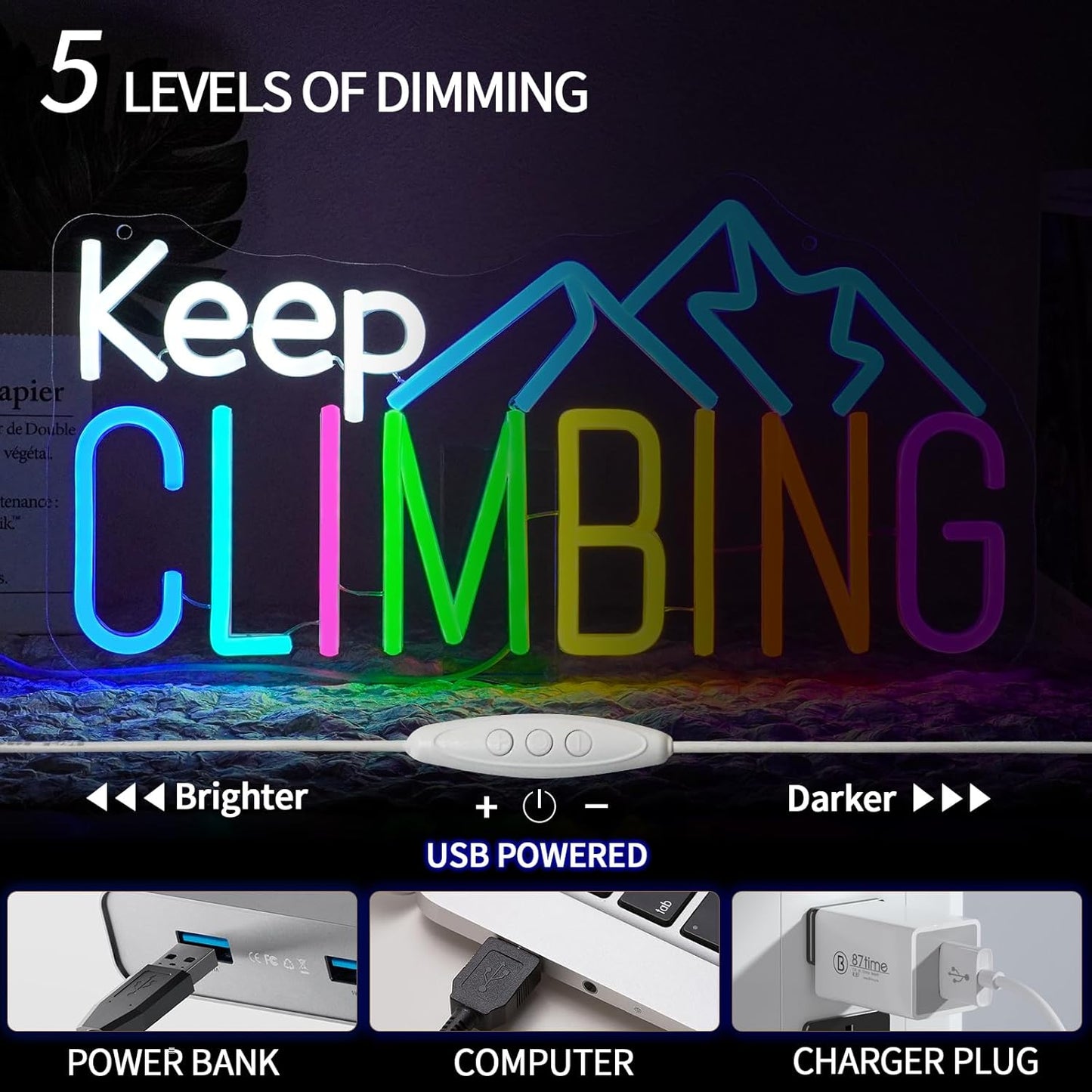 Keep Climbing Neon Sign for Classroom Dimmable Gym Sports Neon Light Sign for Wall Decor Led Signs for Bedroom Office Party Man Cave Gamer Room Decor Gift 16.5" x 8.6"
