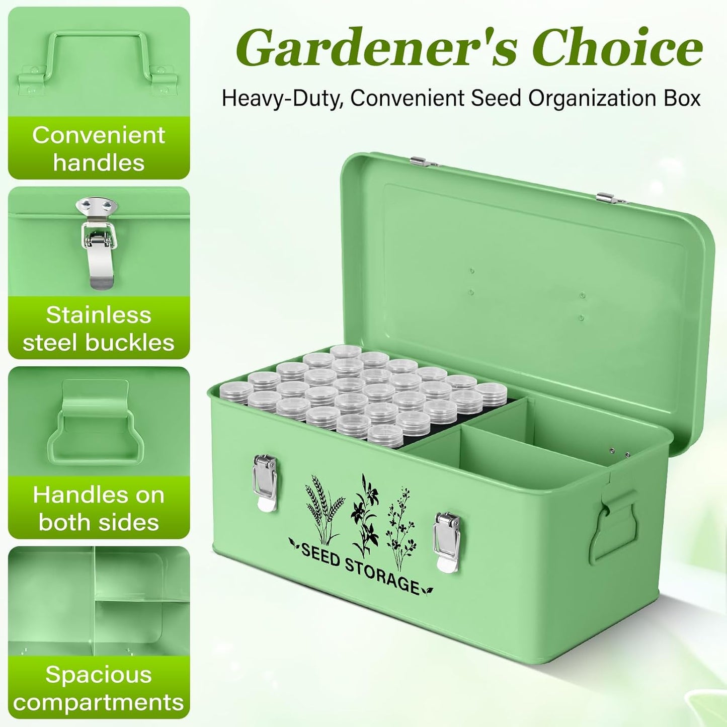 Seed Storage Box Organizer - Metal Garden Seed Storage Container Kit with 60 Vials, 30 Plant Tags, 20 Envelopes, Funnel & Labels - Moisture-Proof Seed Bank for Long Term Storage