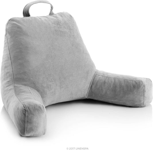 Linenspa Reading Pillow with Shredded Memory Foam- Back Pillow for Sitting in Bed, Reading, Gaming, Watching TV – Chair with Arms, Dorm Room Essentials, Stone