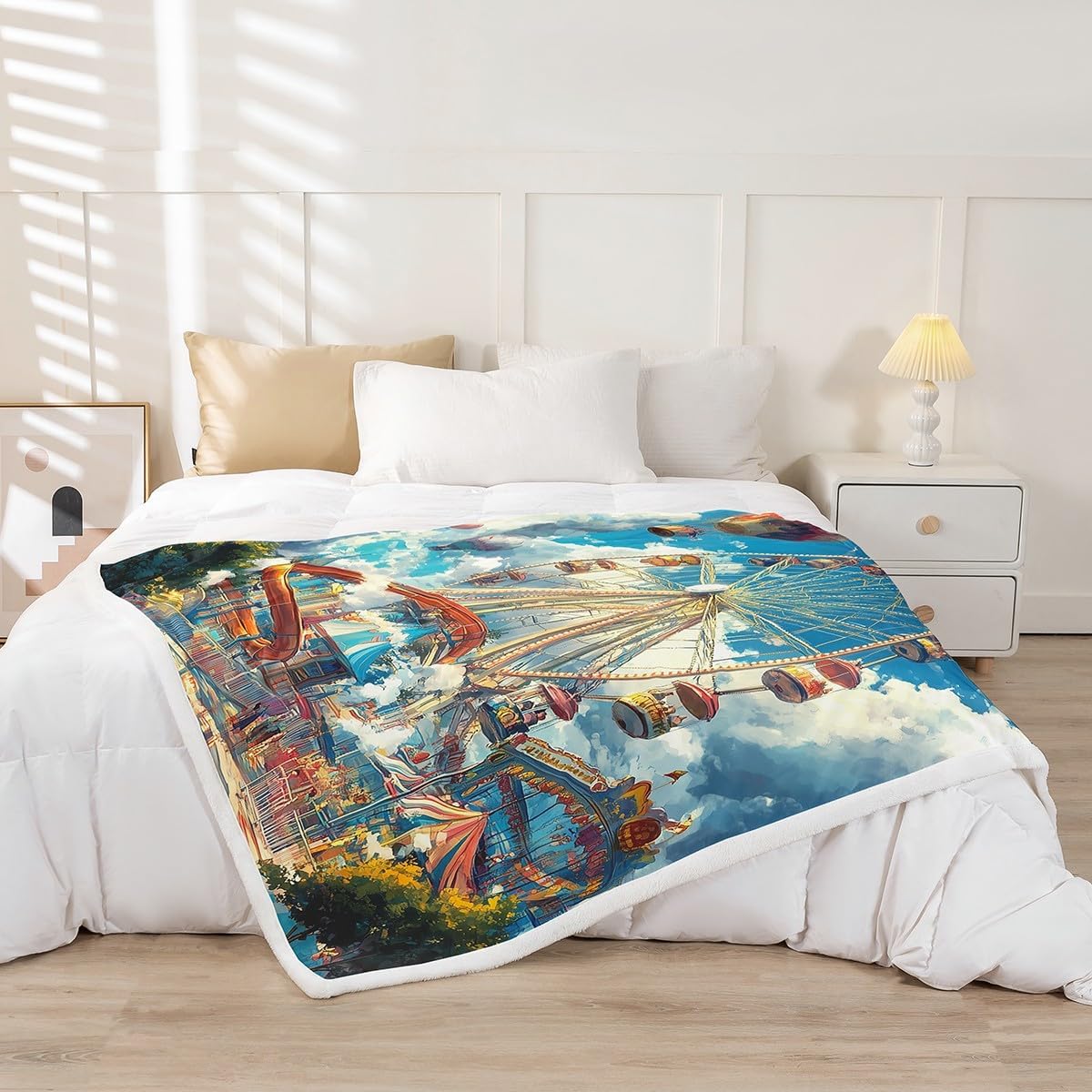 Erosebridal Amusement Park Blanket Throw 50"x60" Cartoon Ferris Wheel Throw Blanket for Kids Funny Sky Clouds Carousel Fleece Blanket City Roller Coaster Happy Holiday Sherpa Blanket