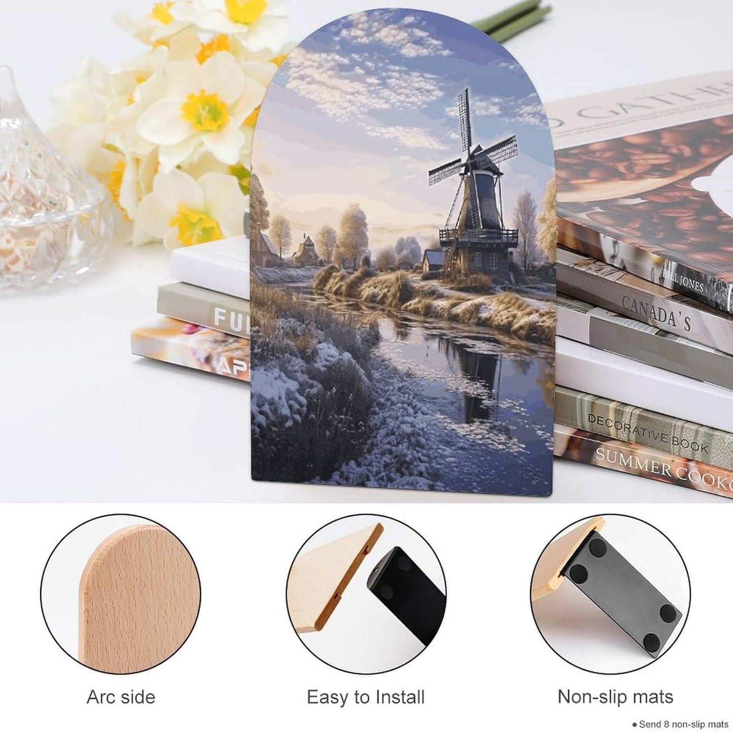 Landscape with A Traditional Windmill Bookend for Shelves Wooden Book End Large Size Sturdy Book Holders Stoppers with Metal Base for Bookshelves Slick Decorative Bookends Stands