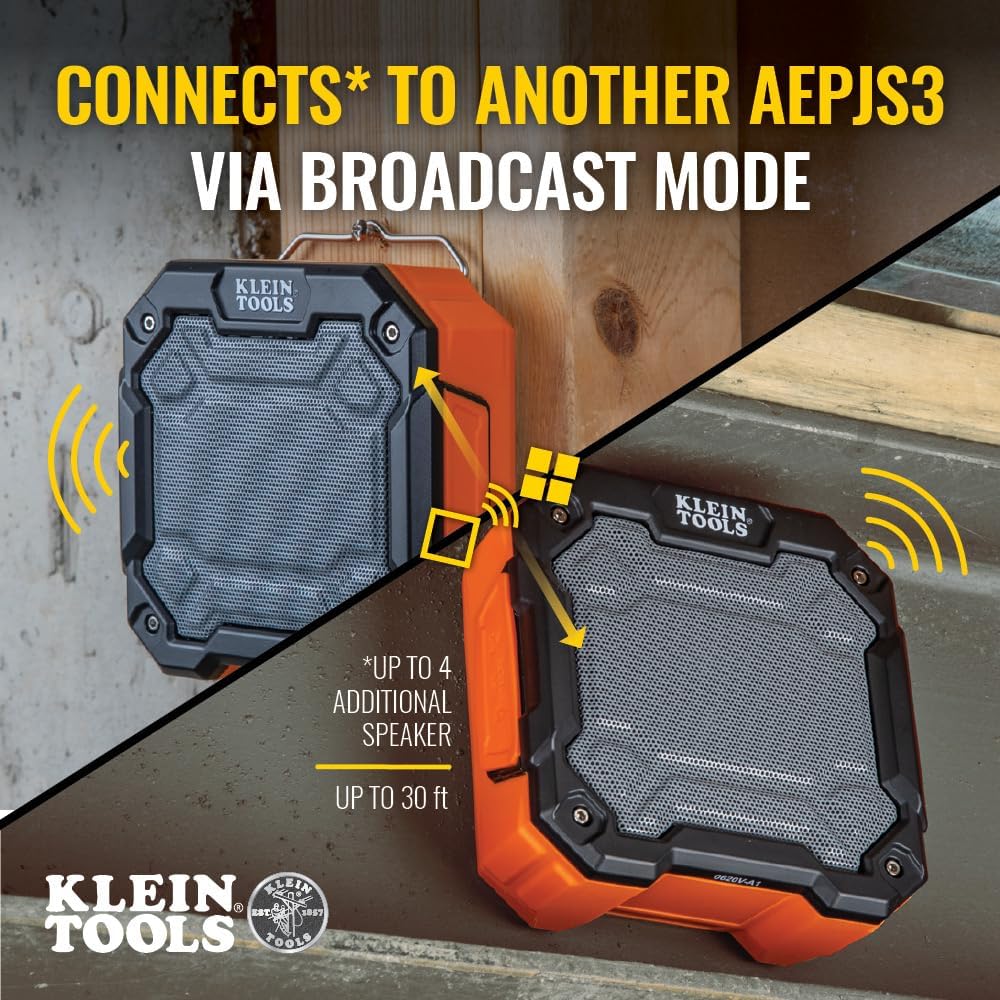 Klein Tools AEPJS3 Bluetooth Jobsite Speaker With Magnet and Hook, 20-Hr Run Time, Charge Via USB A or C, Pair Multiple Speakers via Broadcast, Hands Free Capable