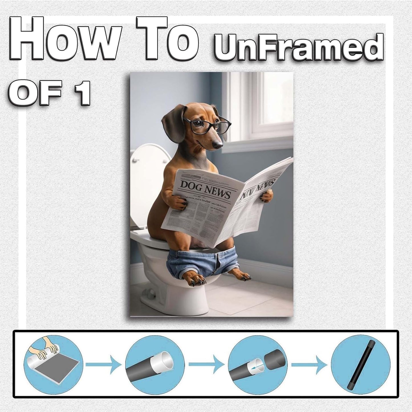 Funny dog in bathroom sitting on toilet reading newspaper funny bathroom wall decor animals in toilet dog gift ideas bathroom decor wall art prints bathroom posters canvas wall art for dog lovers