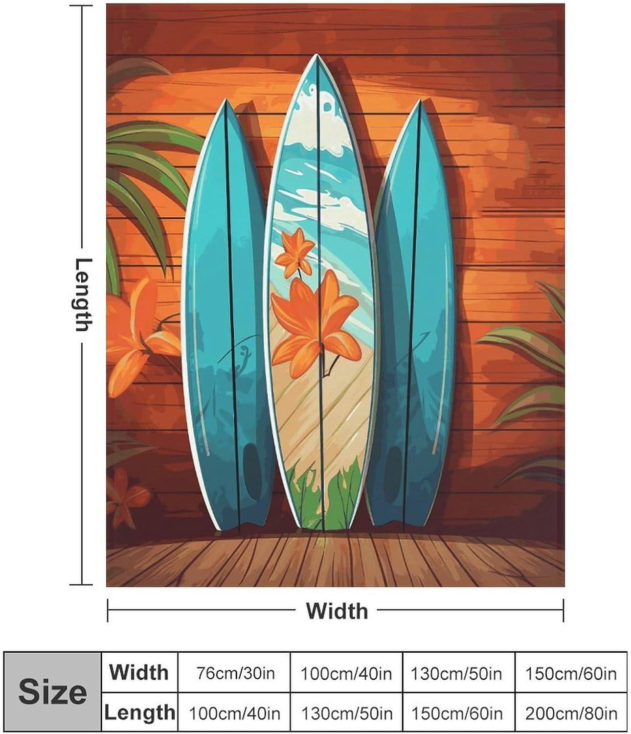 Surfboard on Wooden Blanket Super Soft Lightweight Throw Blanket Cute Cozy Warm Bed Blanket Decorative Fuzzy Blanket All-Season Home Decor Gift for Sofa Couch Living Room 30"*40"（76 * 100cm）