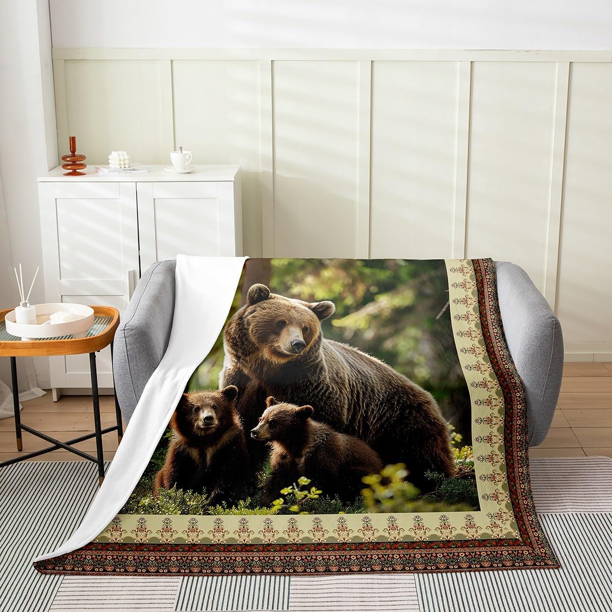 Erosebridal Brown Bear Blanket for Kids Teen Man,Retro Hunting Wild Animal Throw Blanket Queen 90x90 Inch,Indian Boho Aztec Fleece Blanket,Rustic Lodge Cabin Flannel Blanket for Bedroom