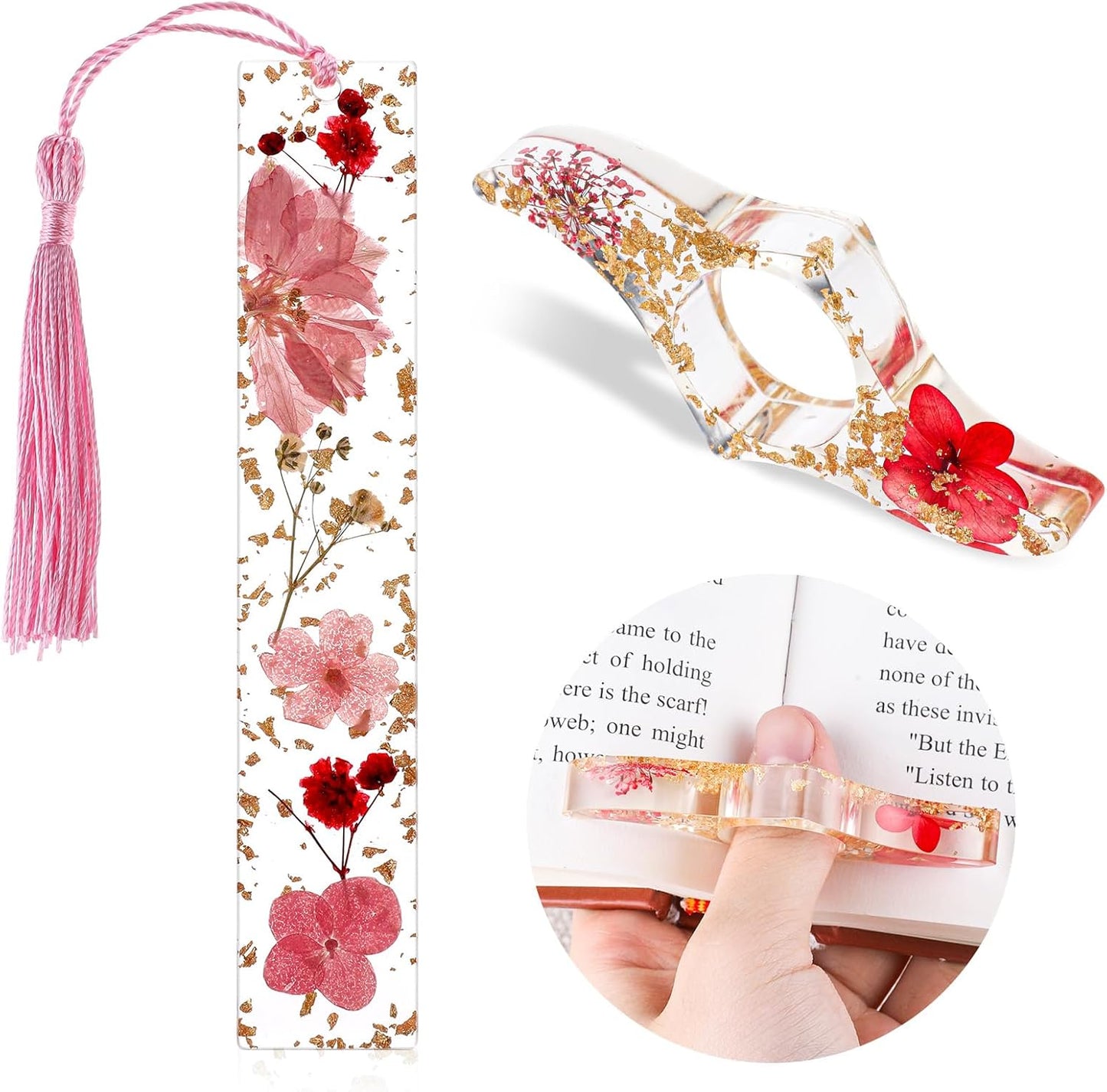 2 Pcs Dried Flower Resin Books Page Holder, Book Mark Transparent Book Thumb Page Holder Bookmarks with Tassel Reading Accessories Gift for Reading Lovers, Literary, Students, Teachers