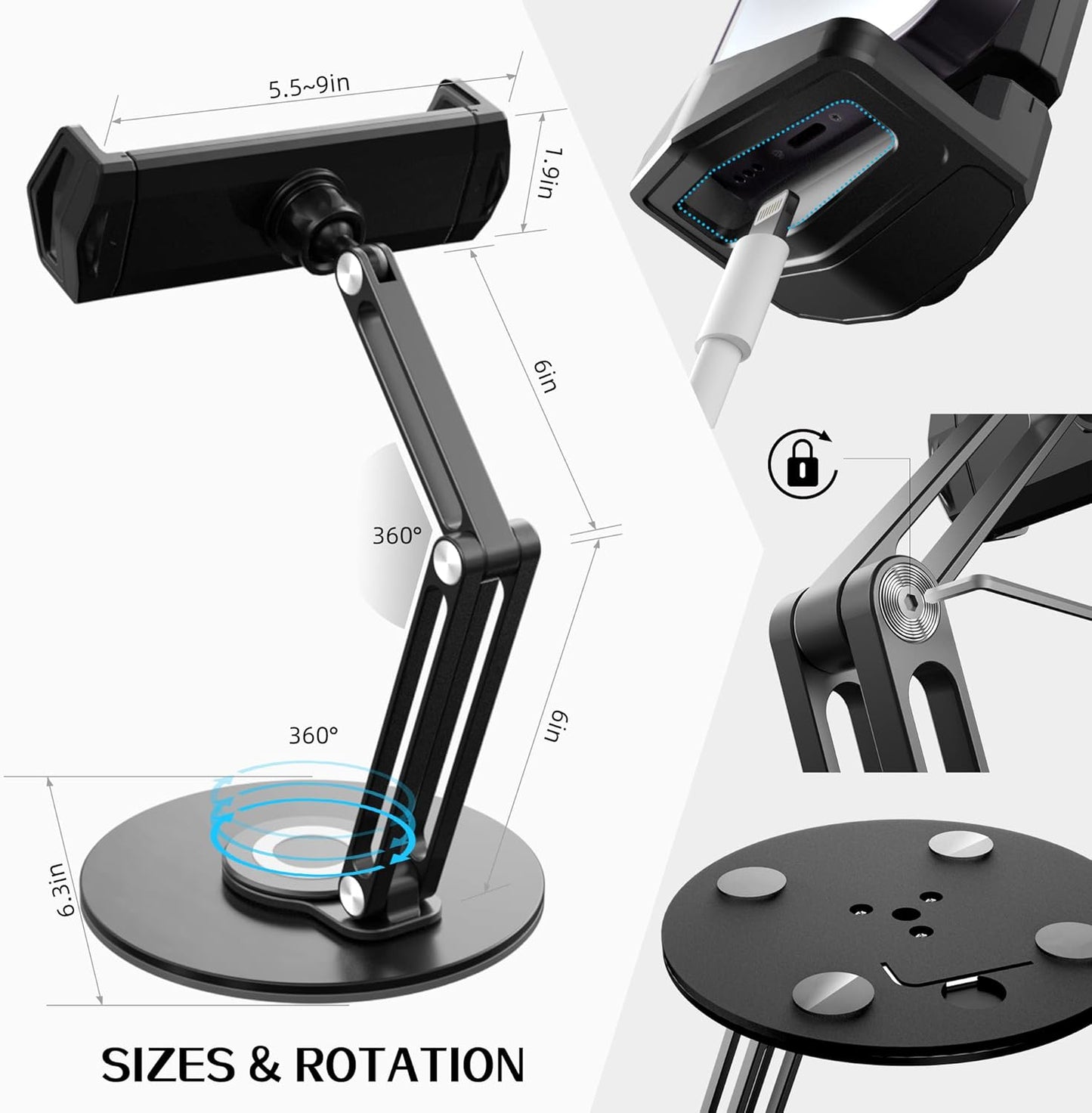 pzoz Retail Kiosk iPad Stand, 360°Rotate POS Tablet Stand, Fits 6-12.9" iPad mini Pro-Business Supplies Swivel Tablet Holder for Store Cash Register Office Reception Kitchen Desktop Display