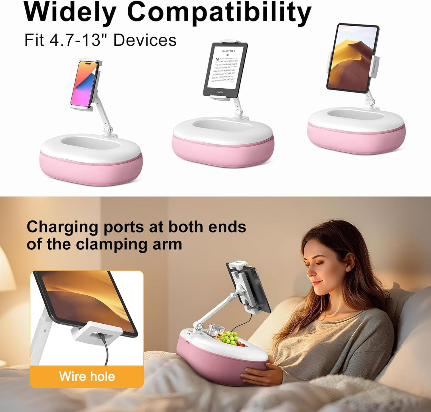 Beanbag Tablet Stand Raises Screen Height, Hands Free Reading Holder, Featuring Snack Bowl and Detachable Base for Cozy Reading in Bed or Couch, Compatible for Kindle, iPad, eBook,Pink