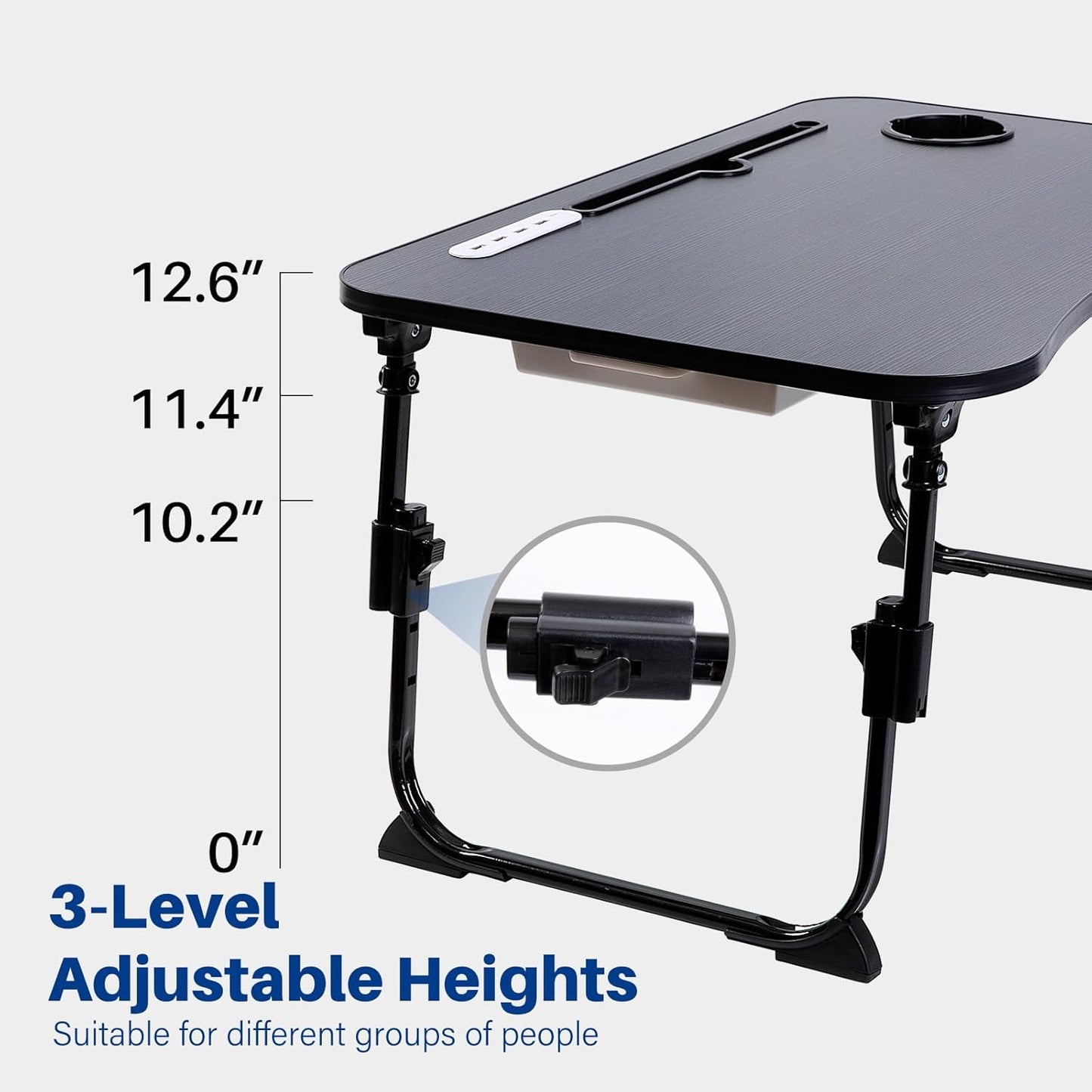 BYMECOST Laptop Desk for Bed, Height Adjustable Laptop Bed Table, Foldable Portable Lap Desk Stand with USB/Storage Drawer/Cup Holder/Slot, Breakfast Tray for Working Reading Writing Eating