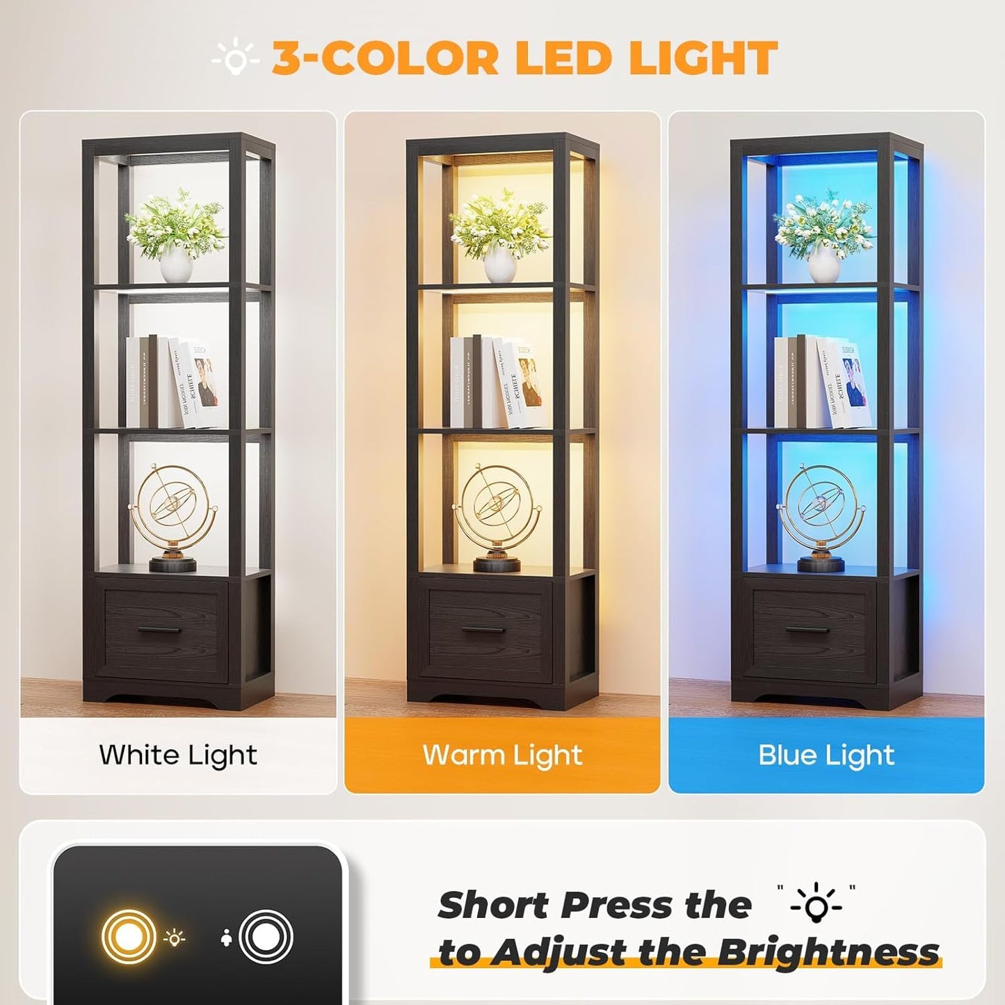 Display Shelf with 3 Color Light, Bookshelf with Drawer, Dimmable Display Cabinet for Collectibles, Bookcase, Display Case for Books, Trophies, Toys, Black