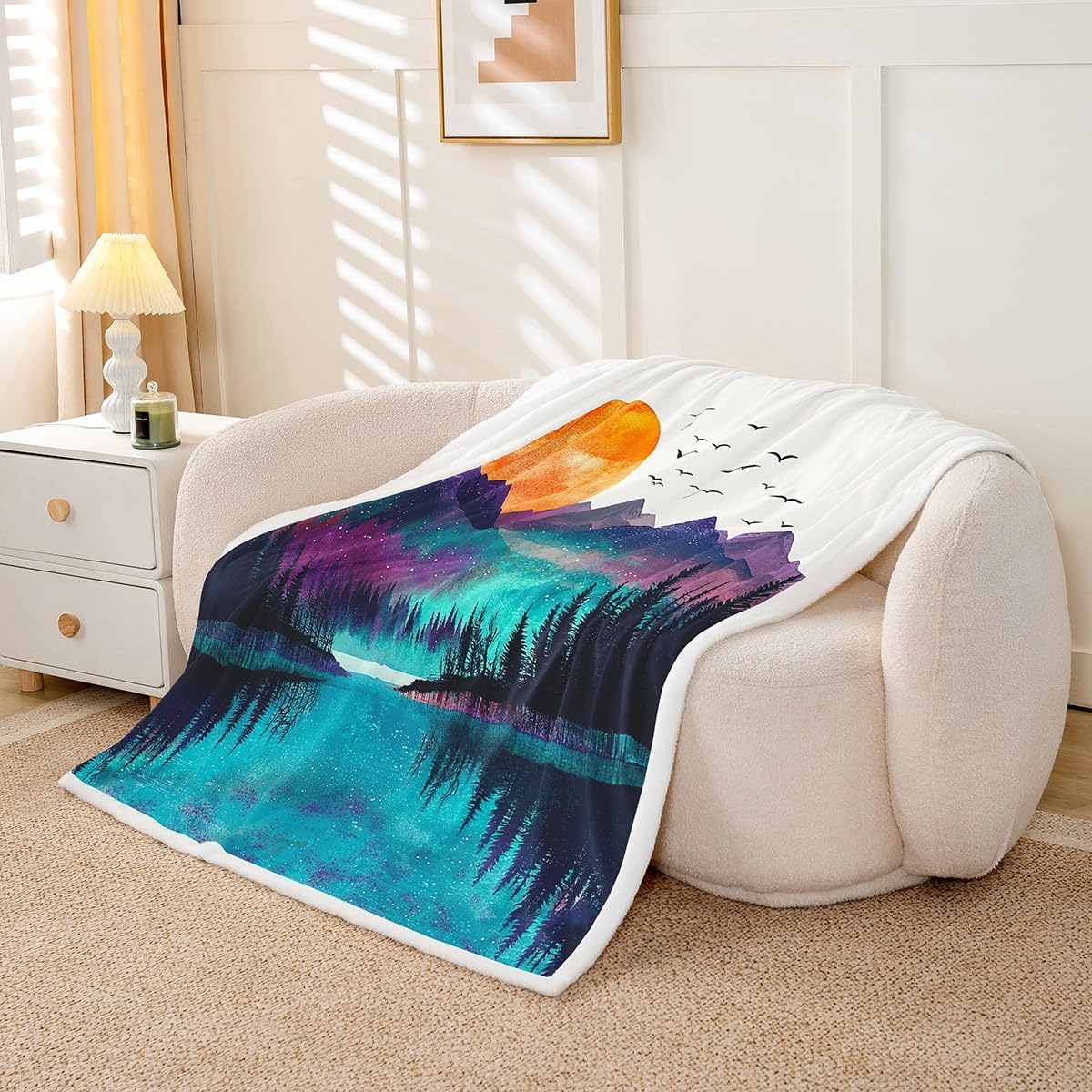 Smoky Mountain Fleece Blanket Pineforest Bed Blanket 50"x60",Trees Natural Scenery Art Throw Blanket for Kids Child,Sunset Mountain With Firforest And Arrow Folk Style Retro Print Bedroom Decor
