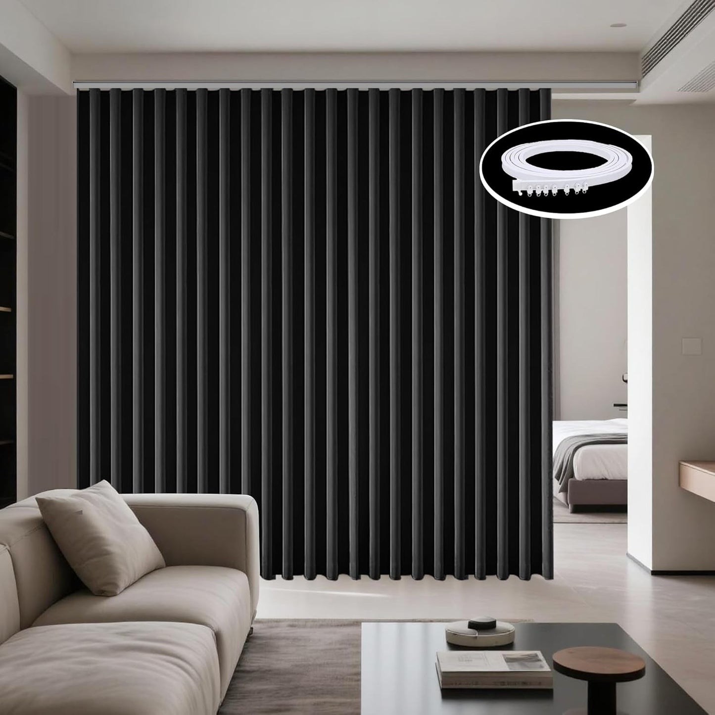 Extra Wide 8.3ft Curtains Flexible Ceiling Track Set Room Divider Blackout Thermal Insulated Ceiling Mount Drapes with Hooks for Living Room Bedroom, Privacy Divider, White Rail 1 Panel 100"x84" Black