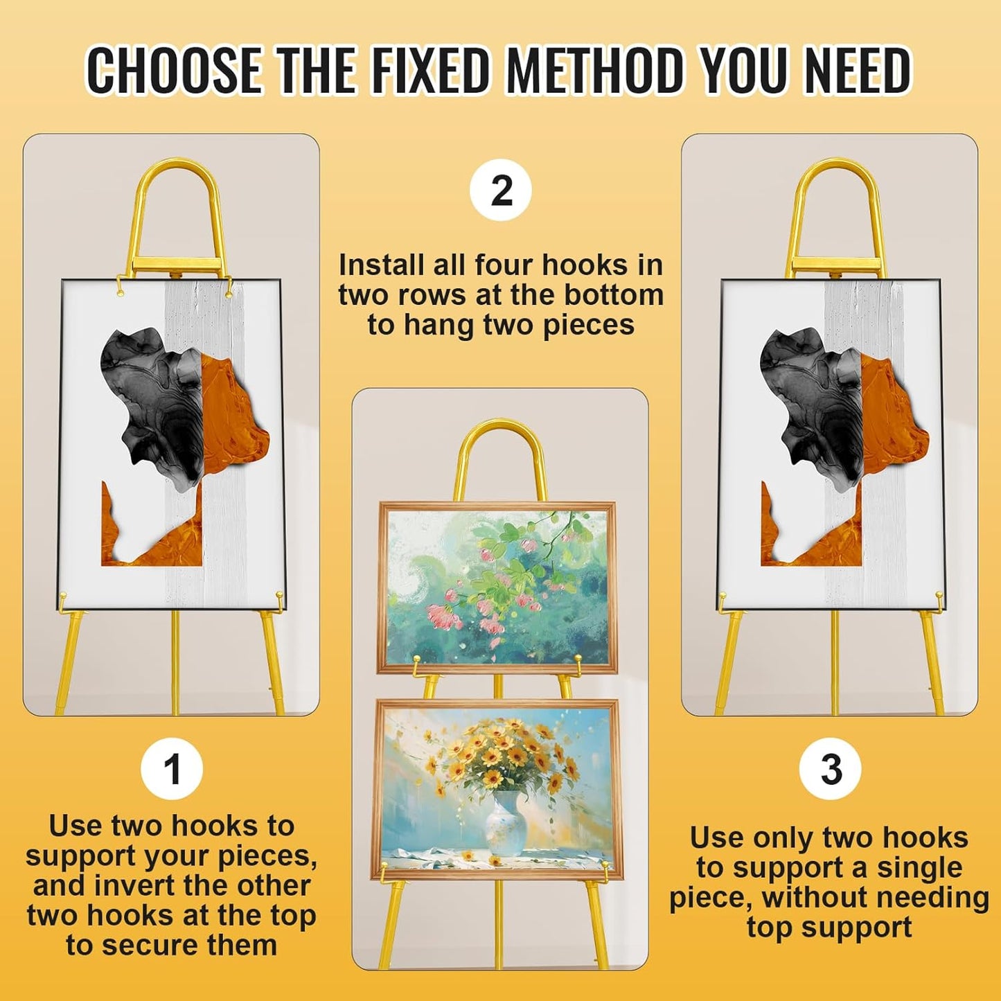 52" Gold Easel Stand for Wedding Sign, Adjustable Height Levels, Lockable at Any Height, 3 Display Modes, Heavy Duty Art Easel for Wedding, Draw Pictures, Art Gallery & Shop Promotion