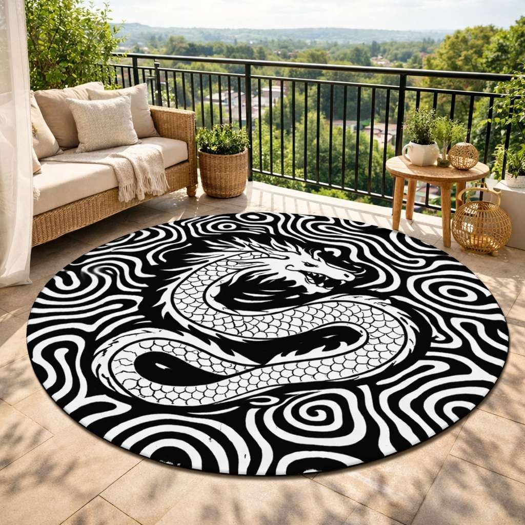 Round Dragon Area Rug Black White New Zealand Wool Hand Tufted Decorative Floor Carpet Abstract Graphic Design Living Room Bedroom Balcony Indoor Outdoor Accent Mat -6" (Round)