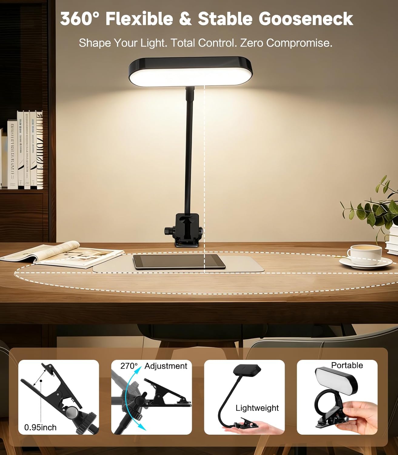 2in1 LED Book Light and Desk Lamp, Clip On Reading Light for Bed & Books, 7.9IN Flexible Gooseneck Video Conference Light, 3 Color Modes Dimmable, Rechargeable Lamp for Laptop, Phone, Study