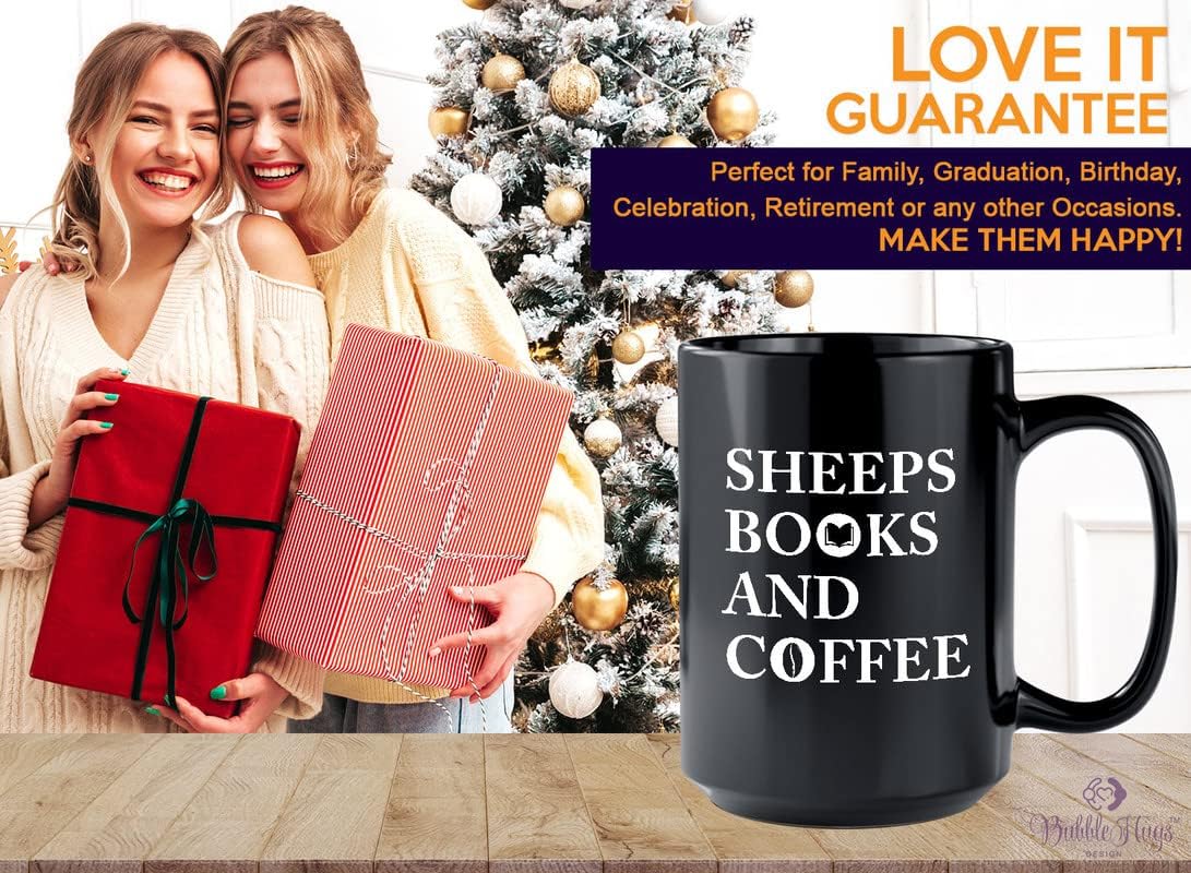 Book Lovers Coffee Mug 15oz Black - Sheep Books And Coffee - Animal Lovers Caffeine Addict Booked Teacher Author Farmer Goat Herbivorous Pet