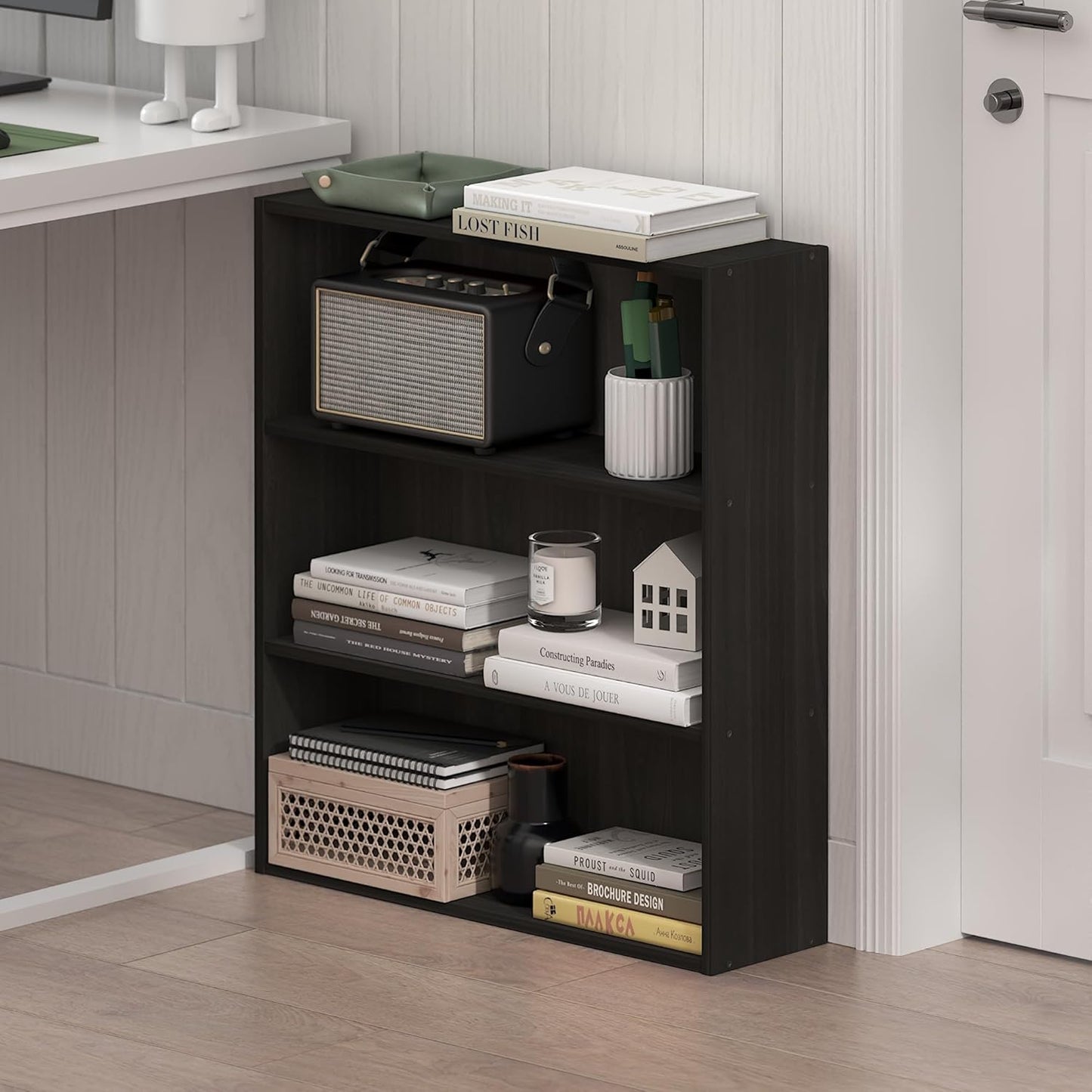Furinno Basic Book Shelf, 3-Tier Bookshelf, Storage Organizer Bookcase with Open Shelf, 7 x 24 x 26, for Living Room, Bedroom, Home Office, Espresso