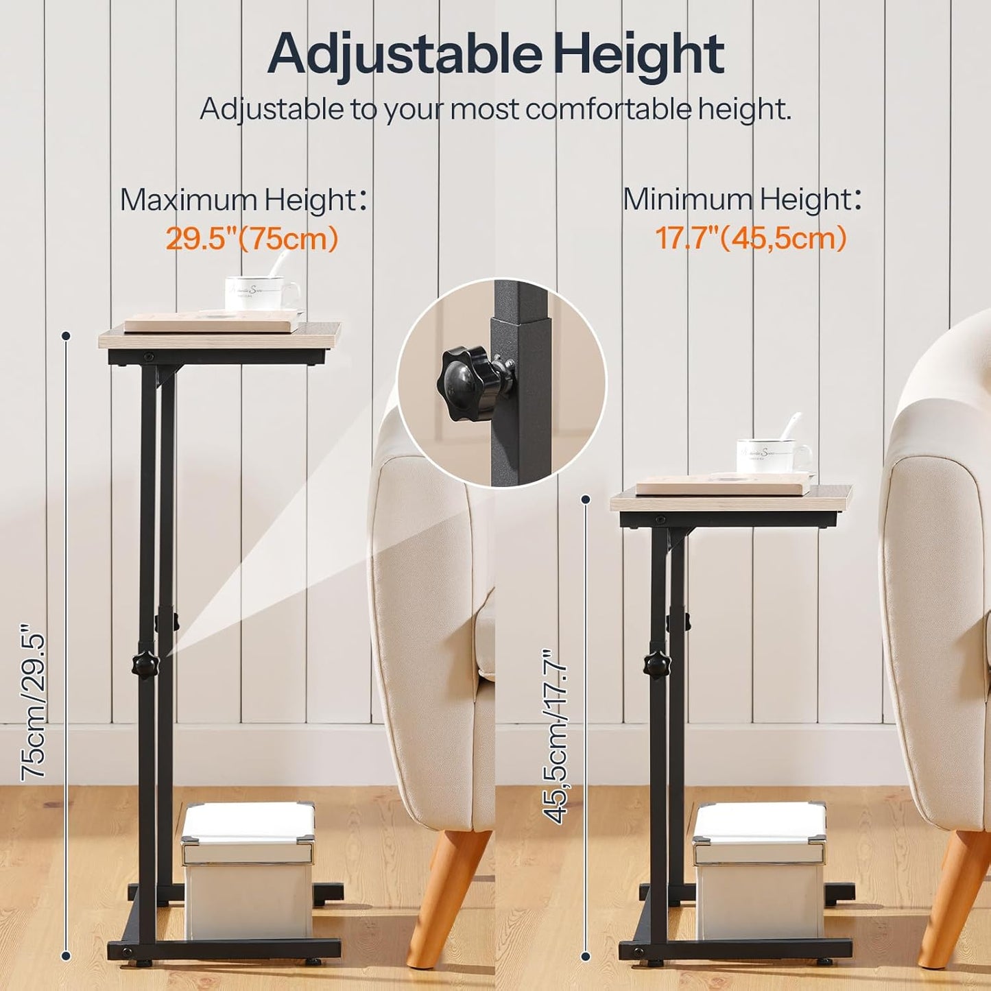 HOOBRO C Shaped End Table for Couch, Adjustable Height Side Table, Sofa Table for Small Spaces, Couch Table that Slide Under, for Living Room, Bedroom, Greige and Black BG71SF01
