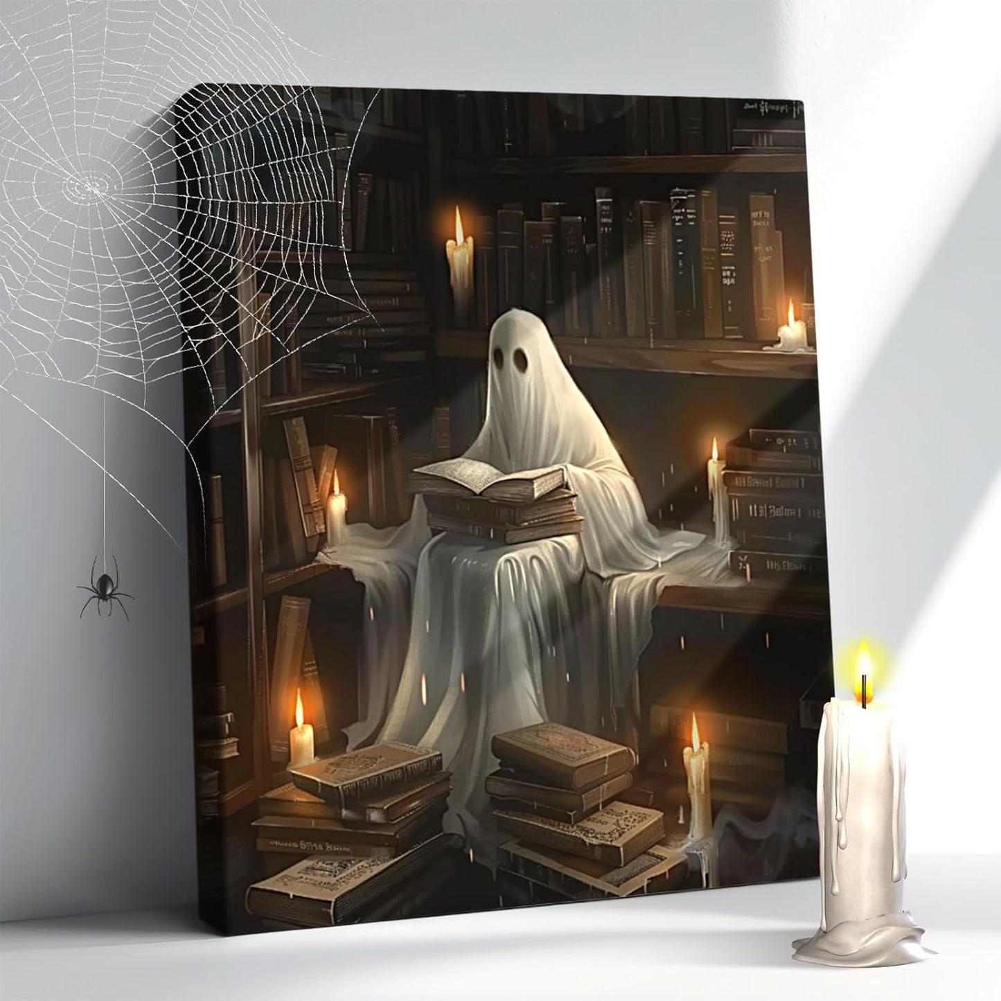 Vintage Ghost Canvas Wall Art, Framed Ghost Reading In The Library Aesthetic Print, Gothic Dark Academia Wall Decor,Gothic Art Print Painting White Ghost Picture For Bedroom Living Room 12x16 Inch