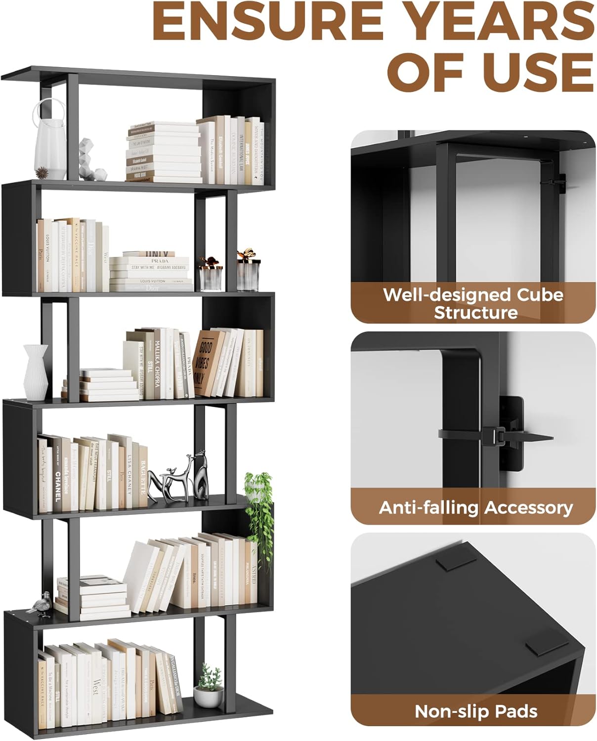 Gadroad 6 Tier Geometric Bookcase, Black Book Shelves, Modern Corner Bookcase Storage Shelf Wood for Bedroom, Living Room, Home Office, Black