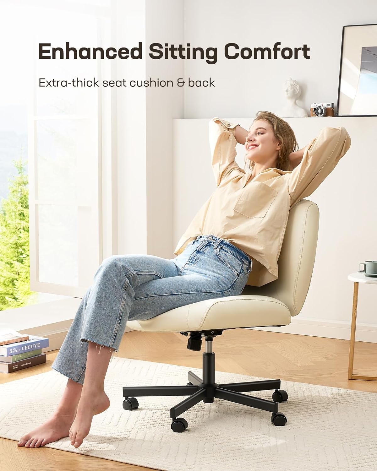 Marsail Modern Criss Cross Office Chair with Wheels, Armless, White PVC Leather, 26" W x 20" D x 42.1" H, 300 lbs Capacity, Ergonomic, Comfortable, Home Office, Computer, Reading, Relaxing, Drafting