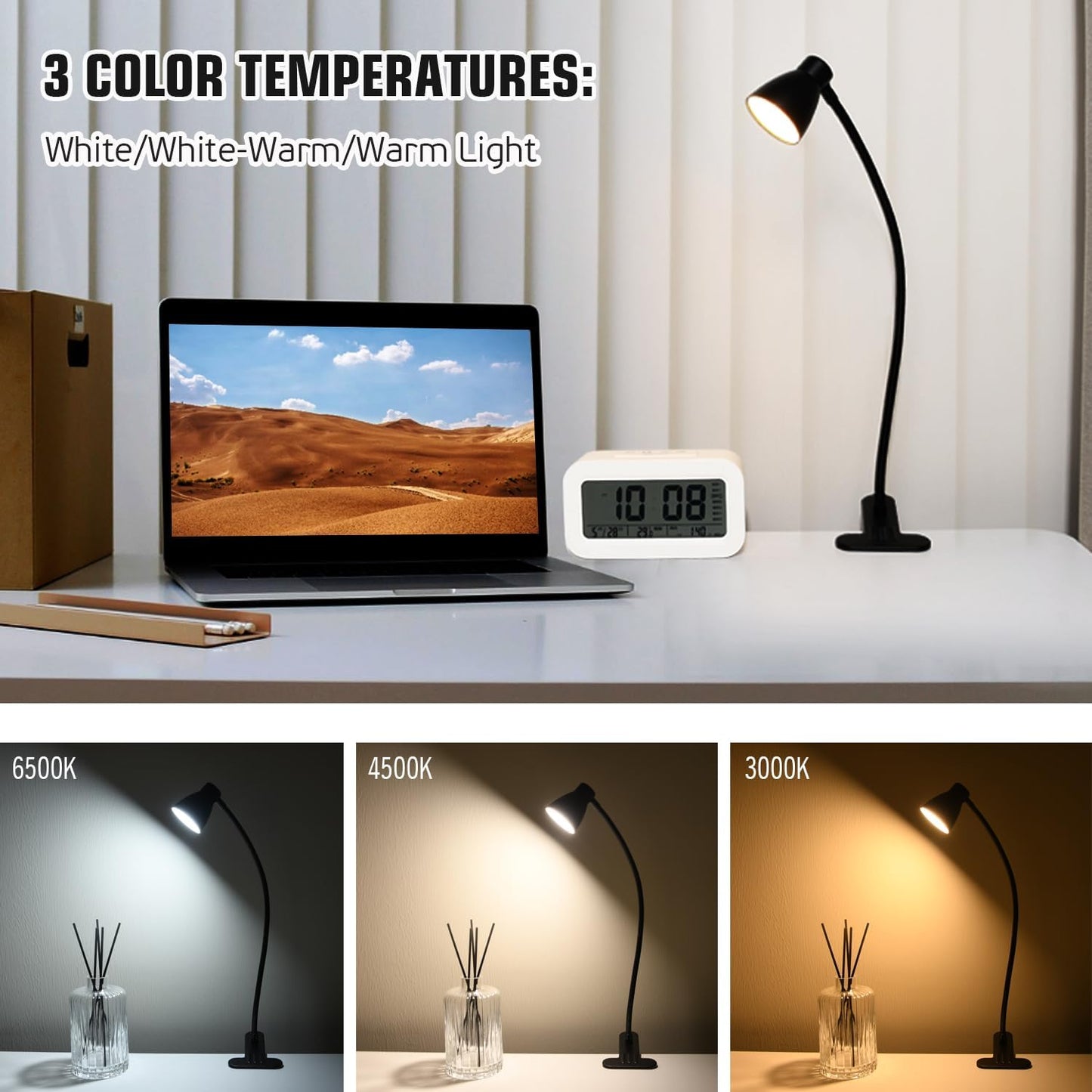 CRI 90+ Clip on Reading Light, Small Clamp on Desk Lamp, 3000K-6500K Adjustable Color Temperature, Gooseneck Bed Clip Light for Headboard(Adapter Included)