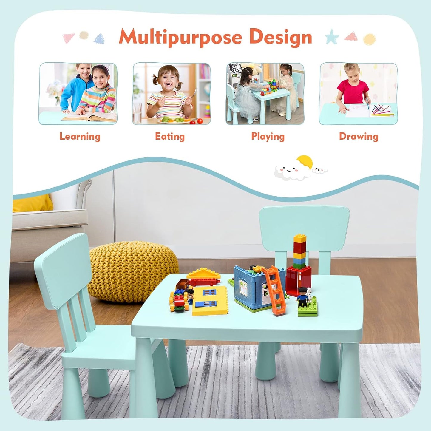 Toddler Table and Chair Set, Plastic Kid Activity Table & 2 Chairs, 3-Piece Children Playroom Furniture Set for Reading, Writing & Painting, Kids Table and Chair Set for Age 3-7 (Green)