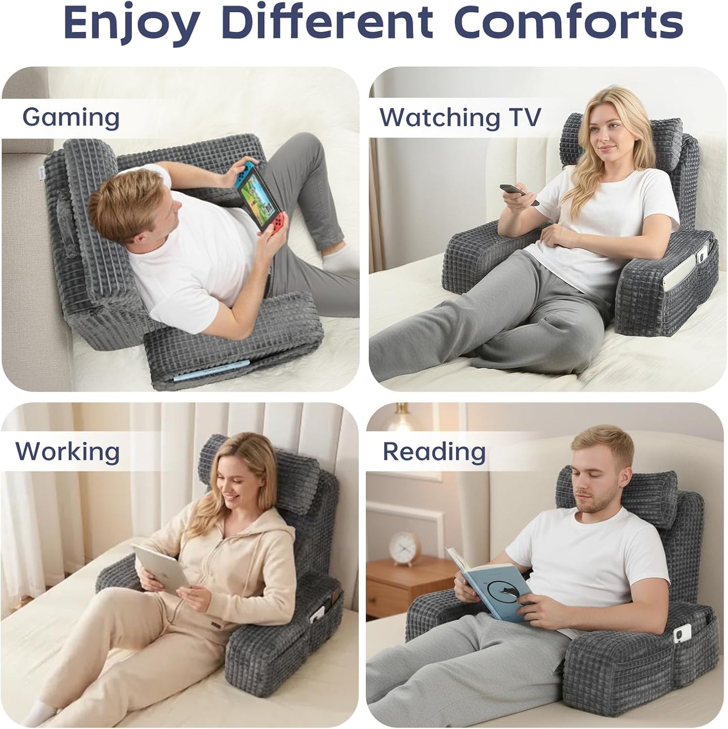 Vekkia Reading Pillow,Back Pillow for Bed Sitting Up Adult,Backrest Support Pillow with Build-in Arms & XL Pockets,Rest Chair for Reading,Gaming,Relaxing,Working or Watching TV in Bed/Floor-19'' Grey
