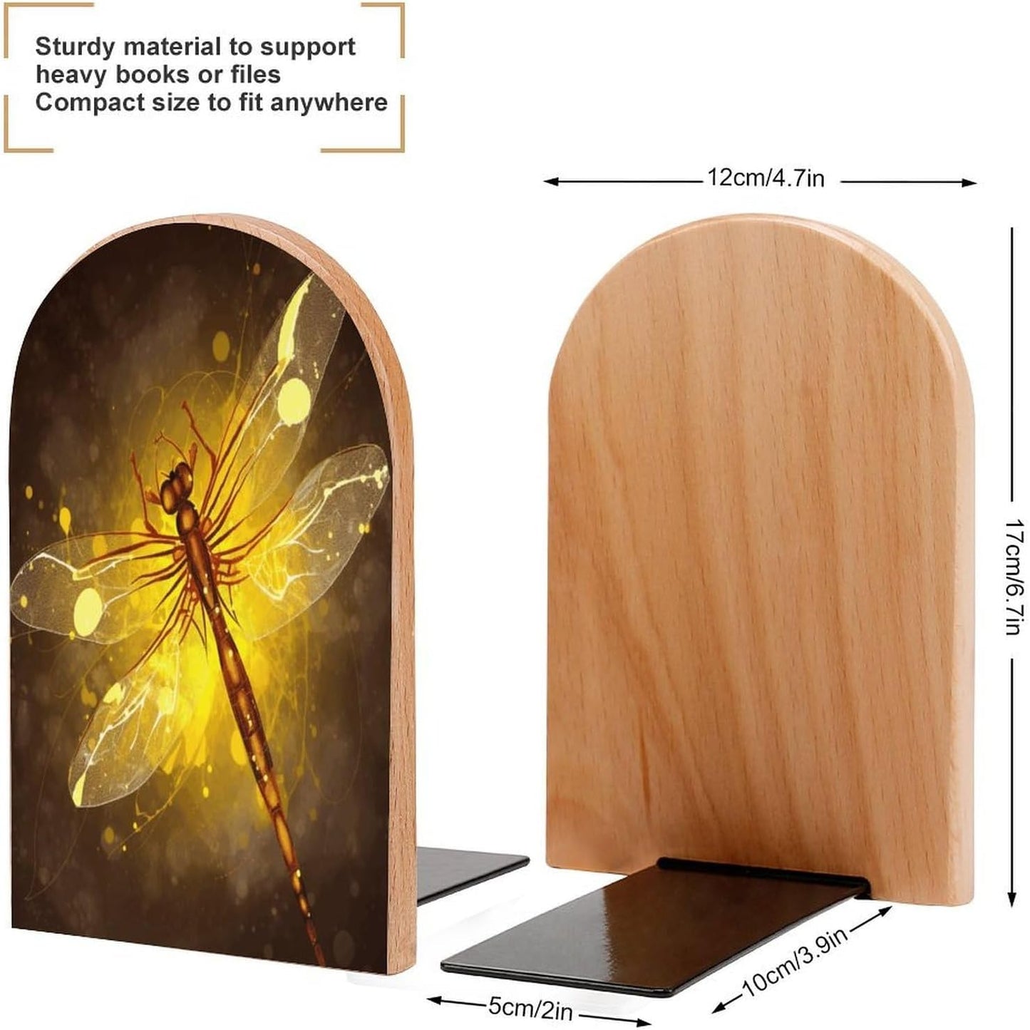 Abstract Yellow Dragonfly Bookend for Shelves Wooden Book End Large Size Sturdy Book Holders Stoppers with Metal Base for Bookshelves Slick Decorative Bookends Stands