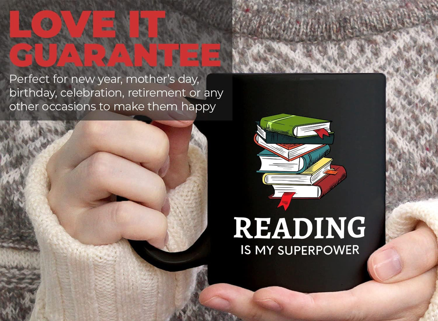 Bubble Hugs Book Lover Coffee Mug 11oz Black - Reading Is My Superpower B - Reading Owl Reader Stack of Books Book Lover Bookish Novelist Librarian Writer