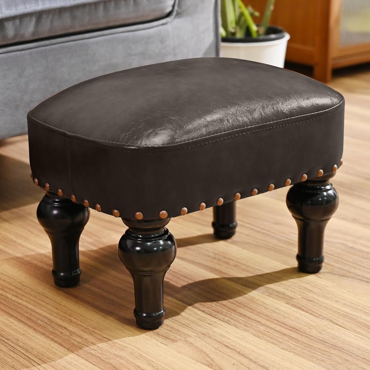 Leather Ottoman Footrest,Rustic Foot Stools Seat,Wood Footstool Rectangle Footrest Small Ottoman for Bedroom,Living Room,Office,Entrance Hall (DEEP Brown)