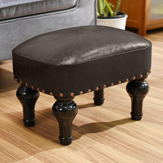 Leather Ottoman Footrest,Rustic Foot Stools Seat,Wood Footstool Rectangle Footrest Small Ottoman for Bedroom,Living Room,Office,Entrance Hall (DEEP Brown)