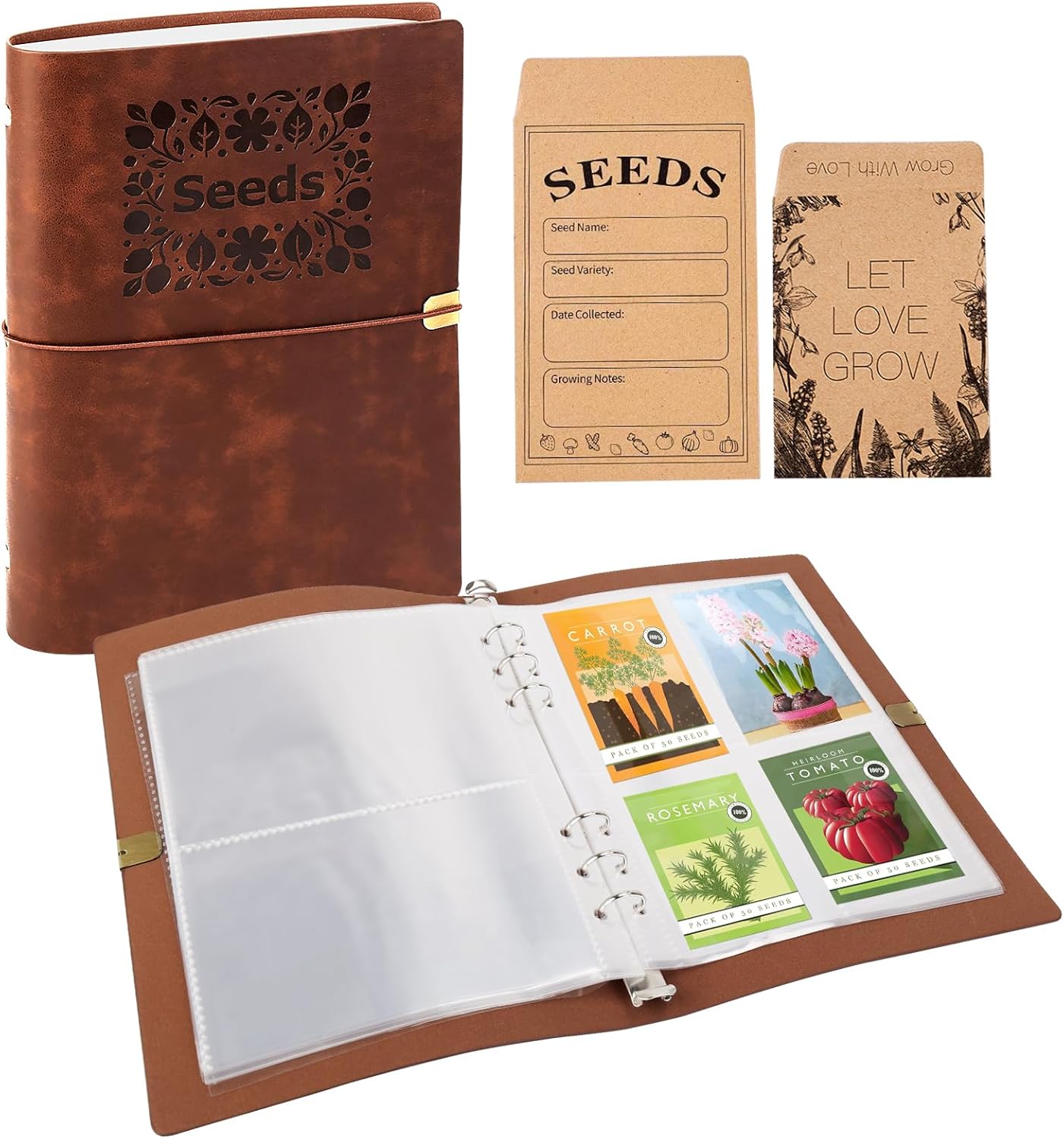 Seed Organizer Binder with 80 Resealable Envelopes - 40 Sheet Protectors for Garden Seed Storage (Brown)