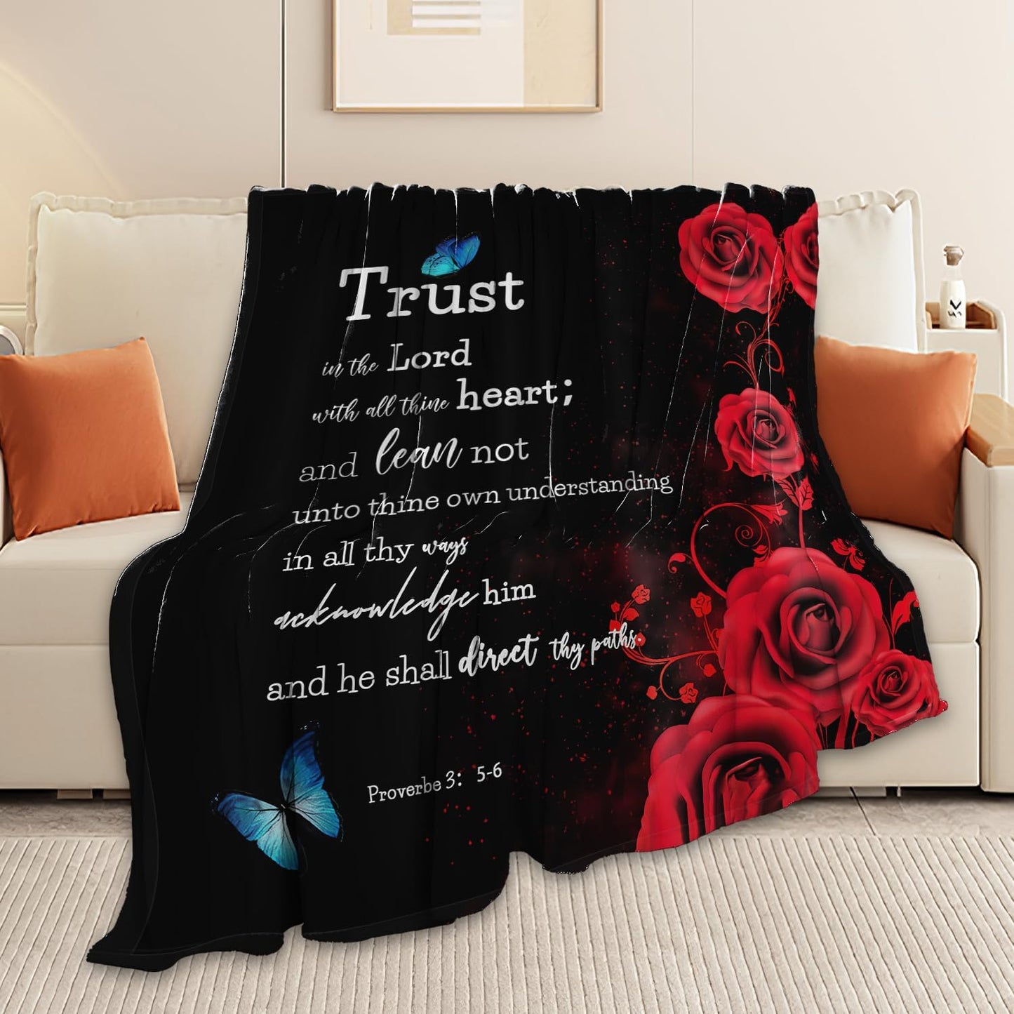 Christian Bible Verse Blanket Red Rose Inspirational Scripture Throw Blanket Religious Spiritual Gifts for Girls Boys Kids Adults Women Men Soft Cozy Plush Fuzzy Fleece Blanket Decor 40''X50''