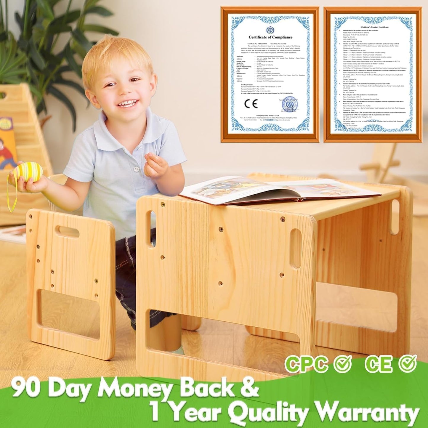 FUNLIO Montessori Weaning Table and Chair Set for Toddlers Age 1-3, Height Adjustable Toddler Table and Chair Set, Cube Kids Table Chair for Reading/Eating/Playing, Easy to Assemble, CPC Certified