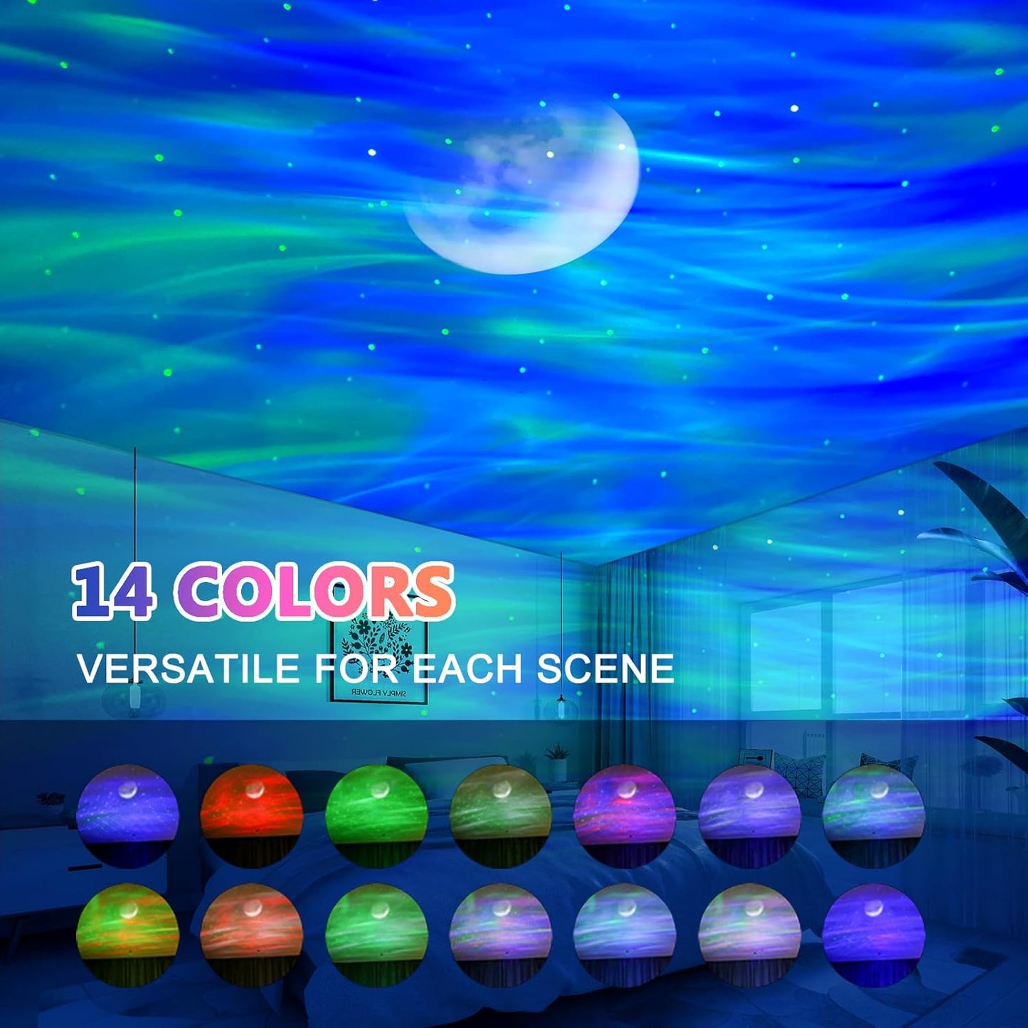 ELITUN Star and Aurora Night Light, Dual Effect Moon Galaxy Projector for Bedroom, 14 Colors with White Noise, Timer Control, Gifts for Girls, Boys, Adults, Christmas, Birthday