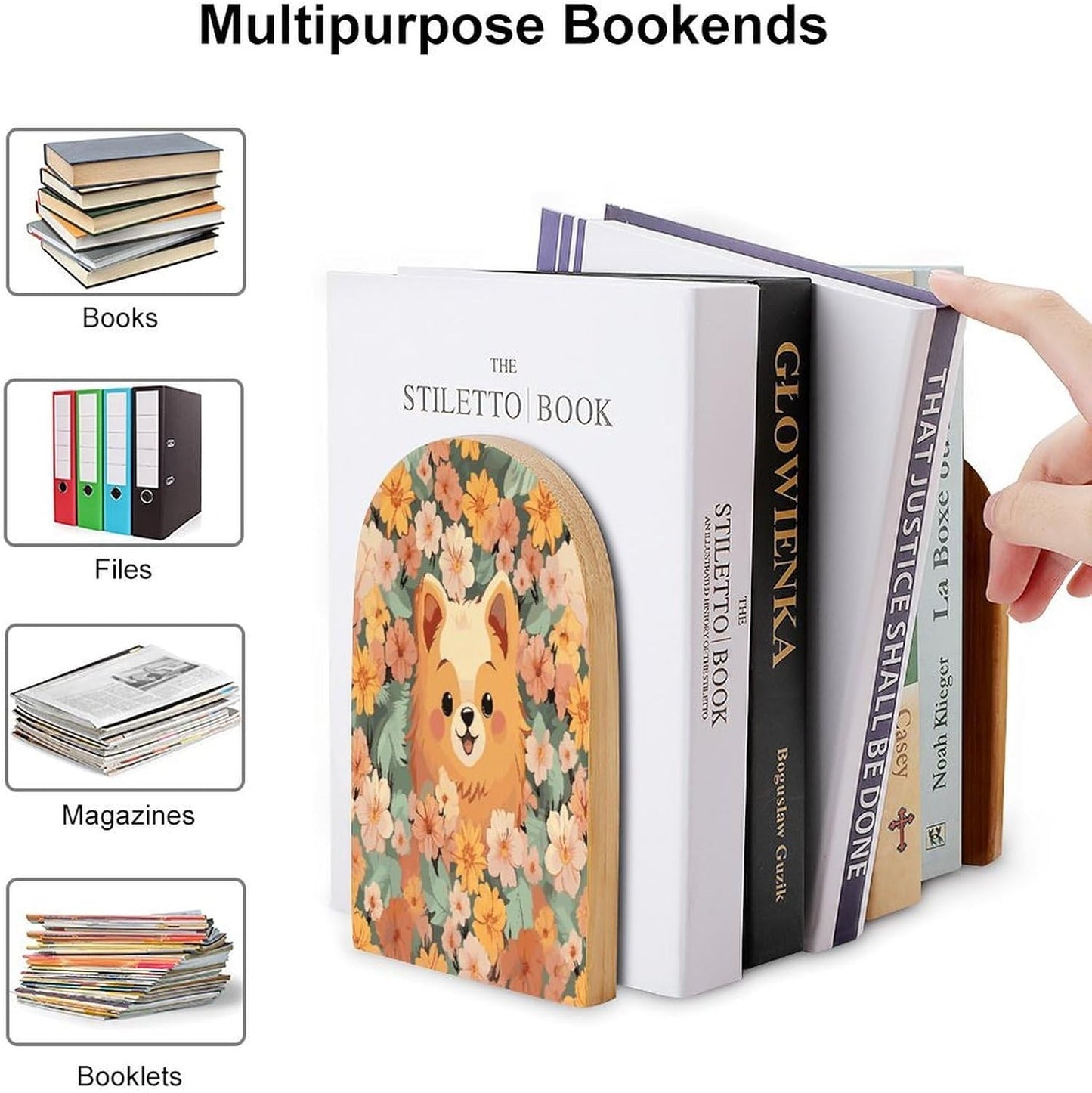 Pomeranians Cartoon Flowers Bookend for Shelves Wooden Book End Large Size Sturdy Book Holders Stoppers with Metal Base for Bookshelves Slick Decorative Bookends Stands