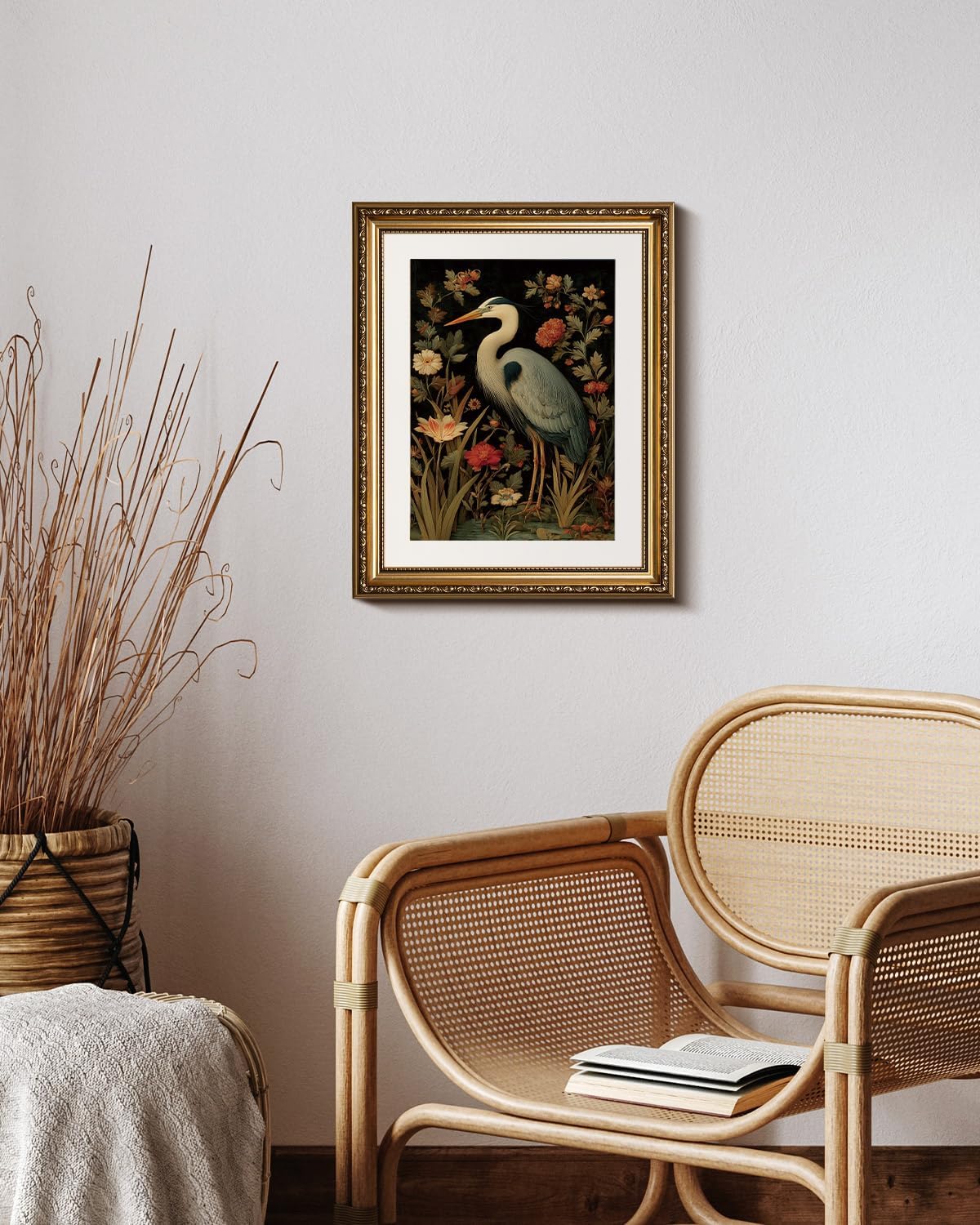 HUARCEY Vintage Botanical Bird Gold Framed Canvas Wall Art 13x16 inch, Classic Heron Floral Canvas Painting Print, Traditional Elegant Home Living Room Bedroom Farmhouse Decor