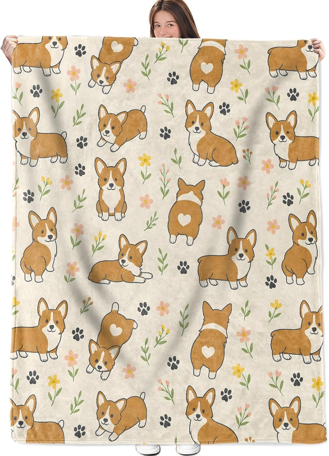 Cute Corgi Dog Blanket, Adorable Puppy Flannel Throw, Soft Cozy Lightweight Throws Blankets for Women Kids Girls, Cartoon Home Decor for Sofa Couch Bedroom Home, 60x50 Inch