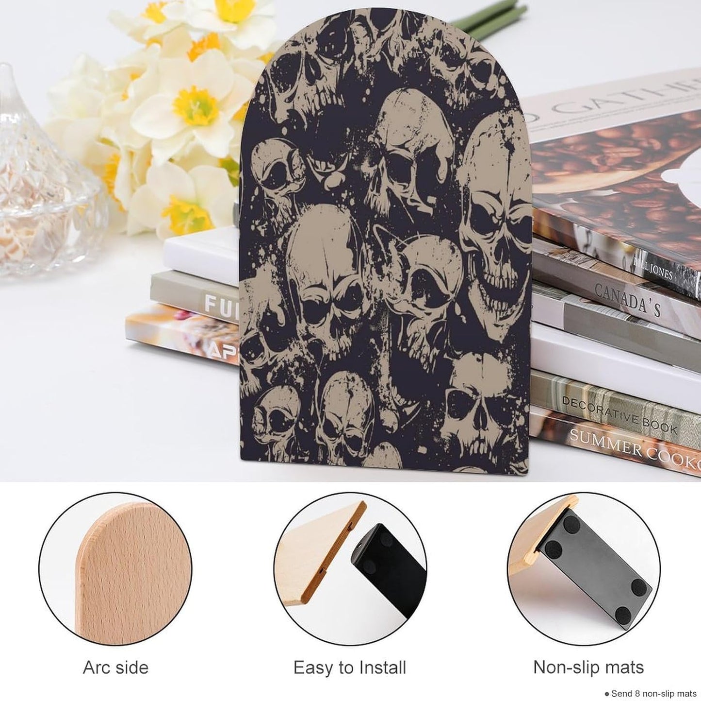 Many Skulls Get Together Wooden Bookend Non-Slip Book Ends Heavy Duty Book Stopper with Metal Base Books Holderd Decorative Bookends Stands Firmly for Office Supplies