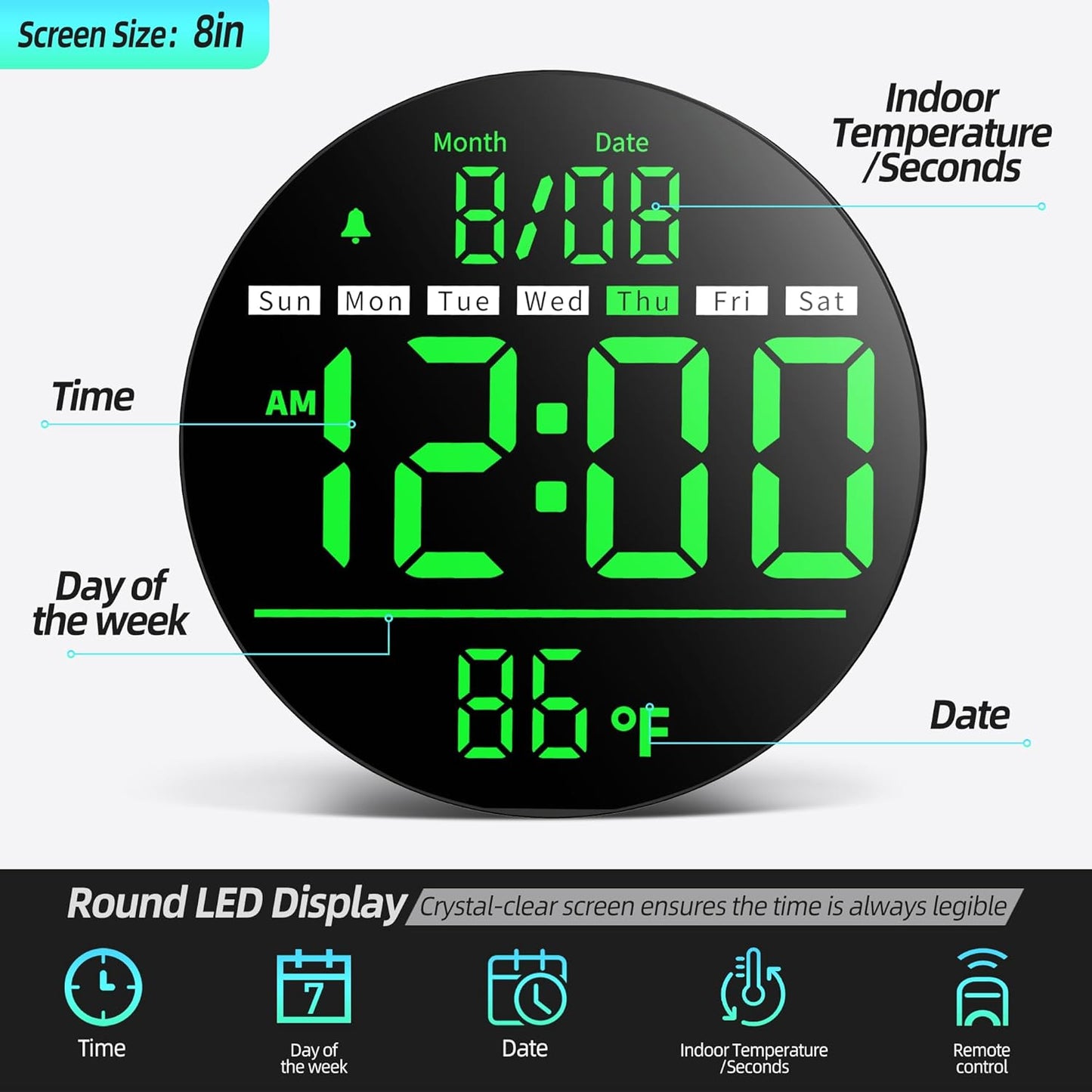 8in Round Digital Wall Clock, Large LED Display, Auto DST, Temperature, Alarm Clocks for Living Room, Bedroom, Office, Classroom, Gym Countdown Timer