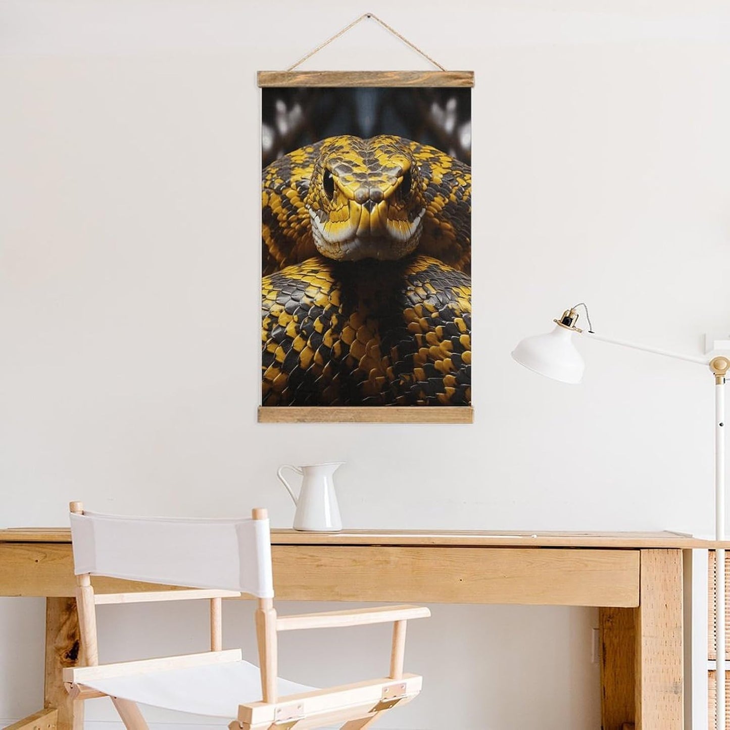 Vintage Yellow Snake Poster with Wooden Frame Personalized Linen Hanging Scroll Painting Rustic Wall Hanging Illustrative Modern Artwork Decor for Home Living Room Bedroom Office
