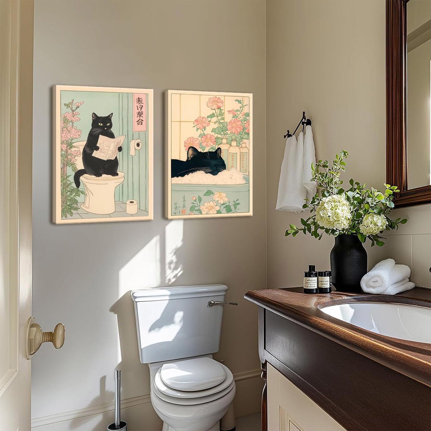 Funny Bathroom Wall Art Set of 3, Japanese Cute Black Cat Wall Decor Paintings, Rustic Animal Pictures Canvas Prints Home Decor for Bathroom Toilet, 12x16 inch Framed