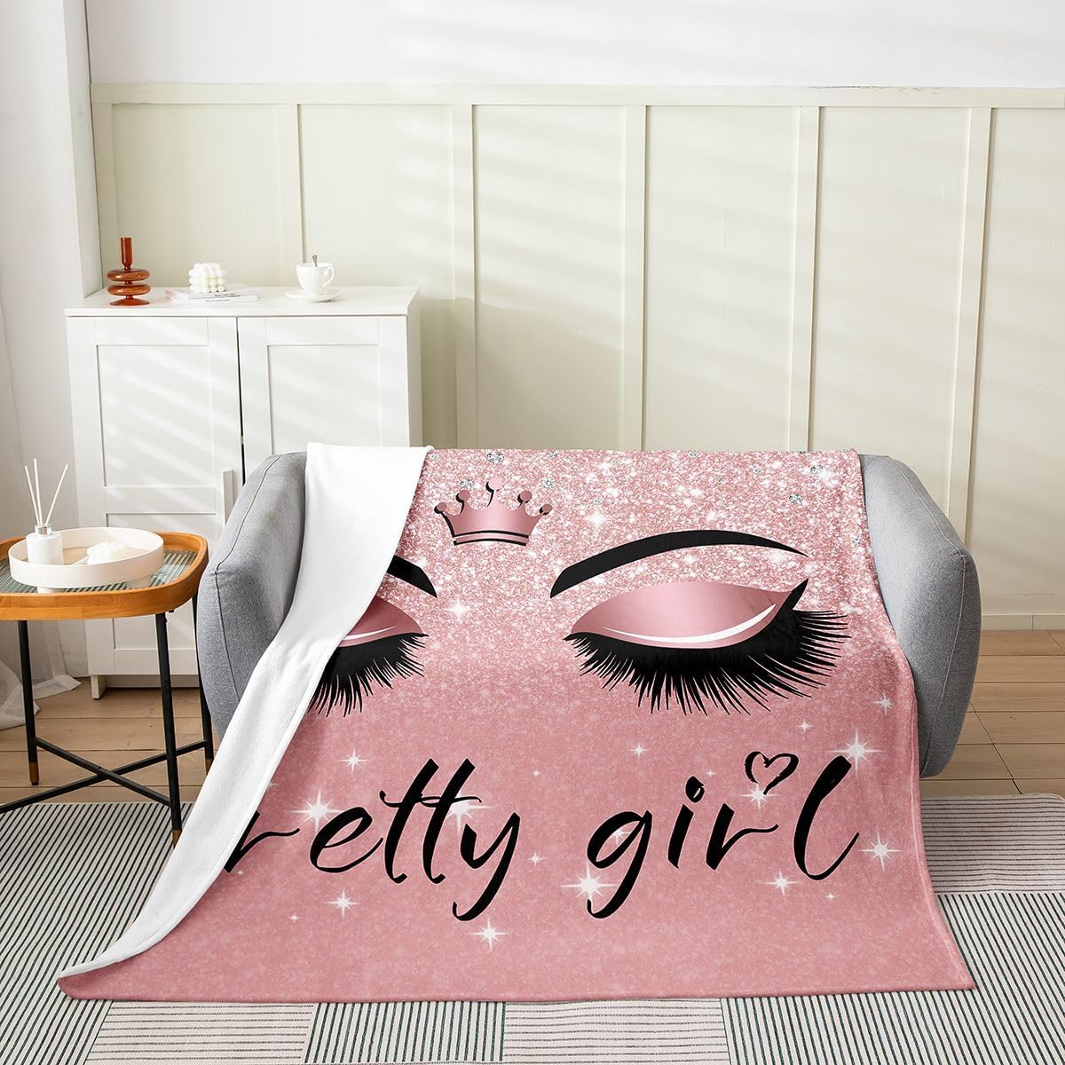 Eyelash Throw Blanket 40x50 inch,Stylish Pink Sparkles Fleece Blanket for Girls Adult,Eyelash Diamond Aesthetic Flannel Blanket,(No Glitter No Sequin)Makeup Eyelash Bed Blanket Lightweight