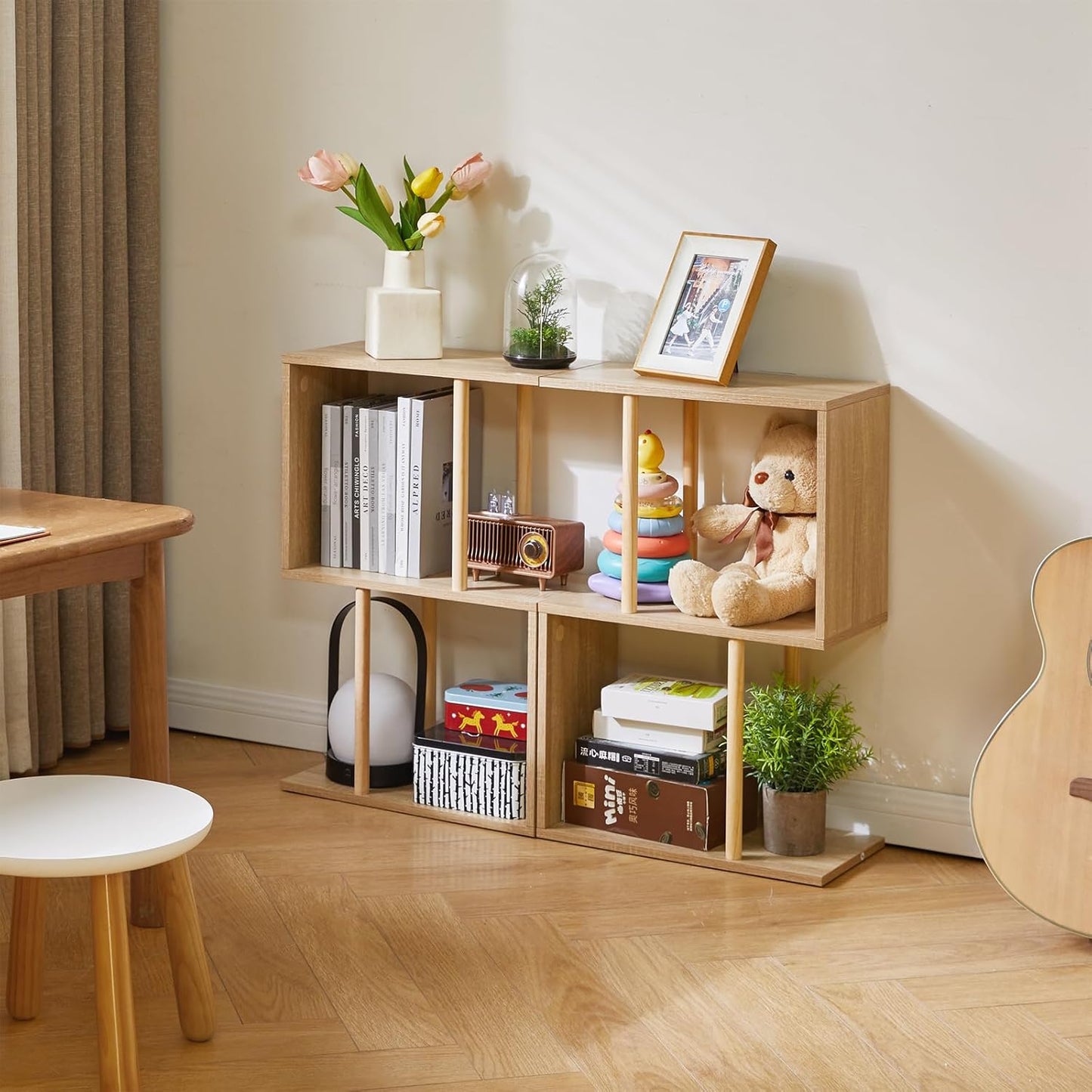 Narrow Side Table, S-Shaped Slim End Table Geometric Bookshelf, with Open Storage, for Small Space, Living Room, Bedroom, Oak Color YD-ST003R
