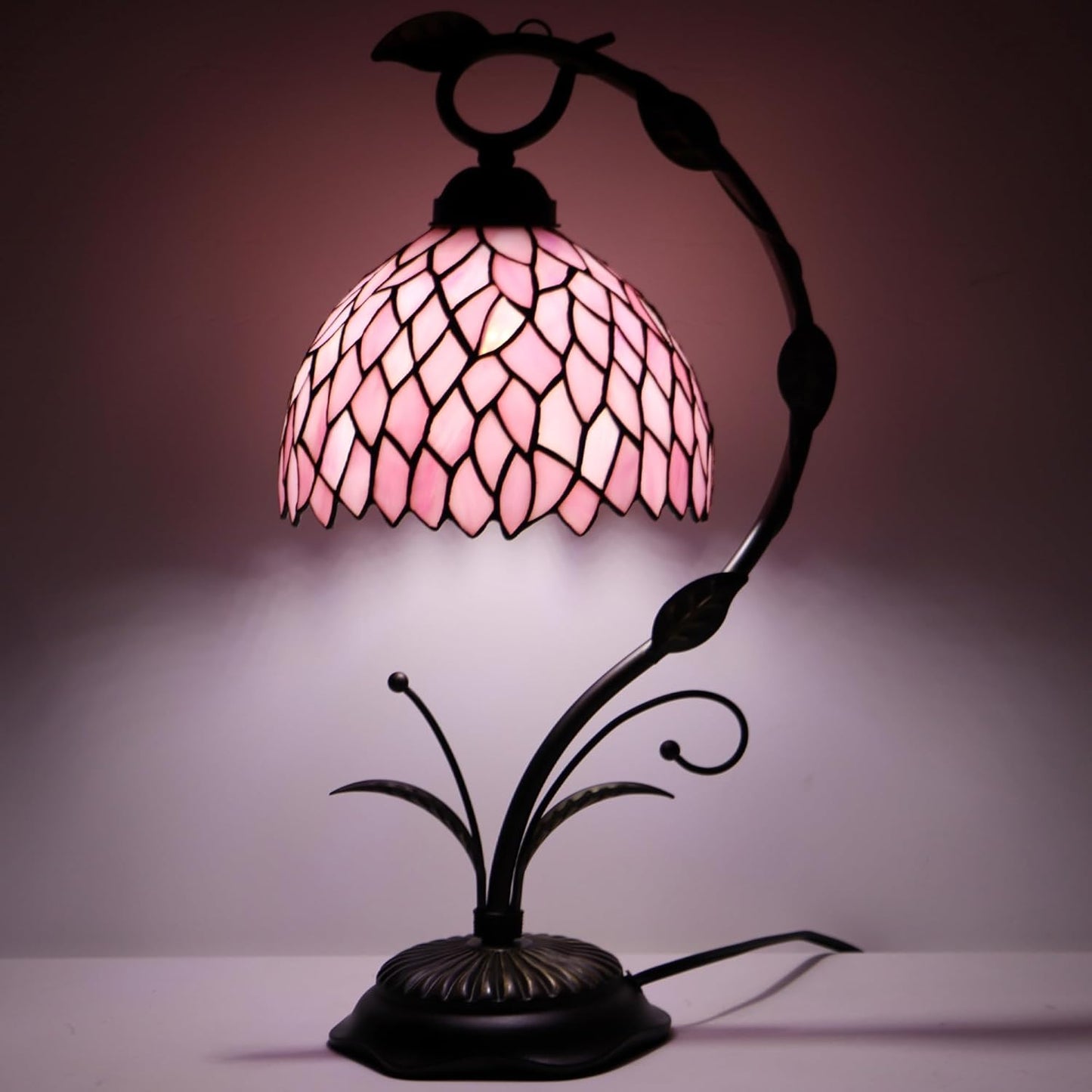 Tiffany Table Lamp, Stained Glass Desk Reading Light, 8X10X19 Inches, Metal Leaf Base (Pink Wisteria)
