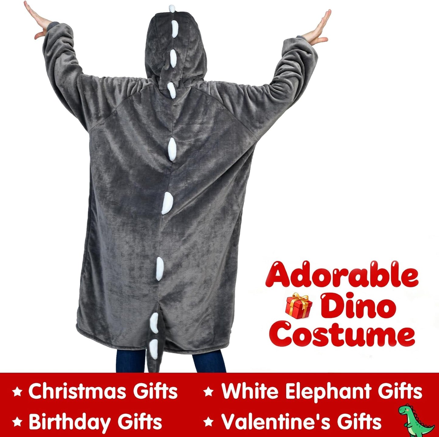 Waitu Dinosaur Wearable Blanket Hoodie Funny Halloween Costumes Gifts for Women Men Boys Girls, Zipper Hoodie Blanket Sweatshirt Cozy Unisex Flannel Dinosaur Costume Cute Gifts (Adult, Gray)