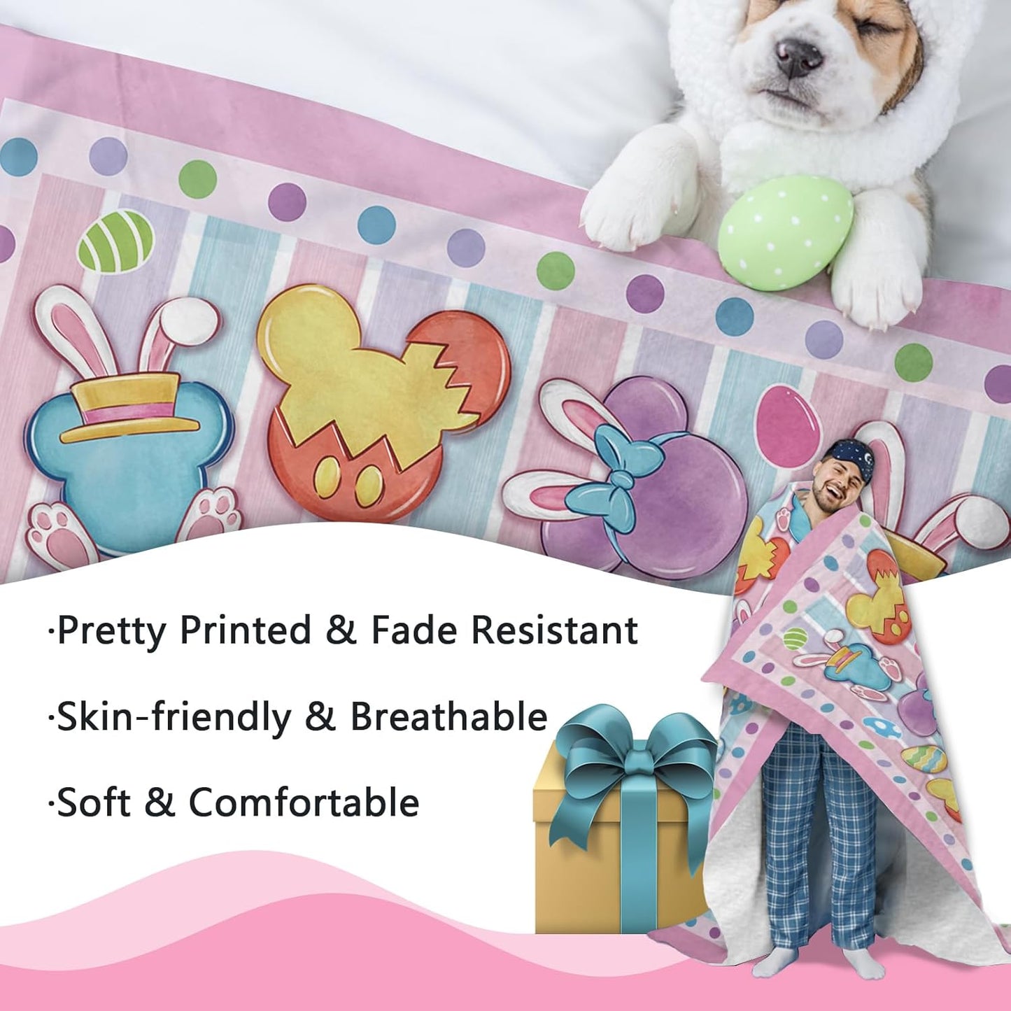 Pycat Easter Bunny Flannel Throw Blanket, Cute Easter Eggs Rabbit Gifts for Kids Men Women, Spring Pastel Soft Blanket for Bedding Sofa 50 x 60 Inch