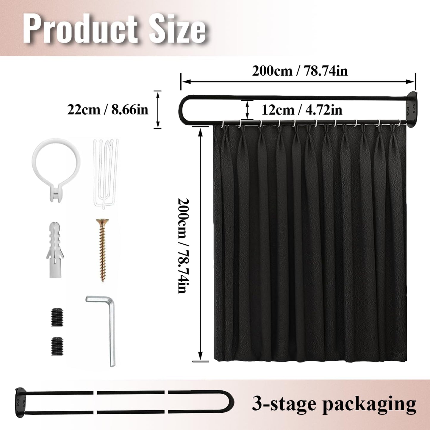 U-Shape Room Divide,Curtain for Beauty Salon,Privacy Partition Curtains with Metal Support Wall Mounted Curtains for Fitting Room, SPA, Bedroom, Room Divider,Hospital,6.56ft (Black)